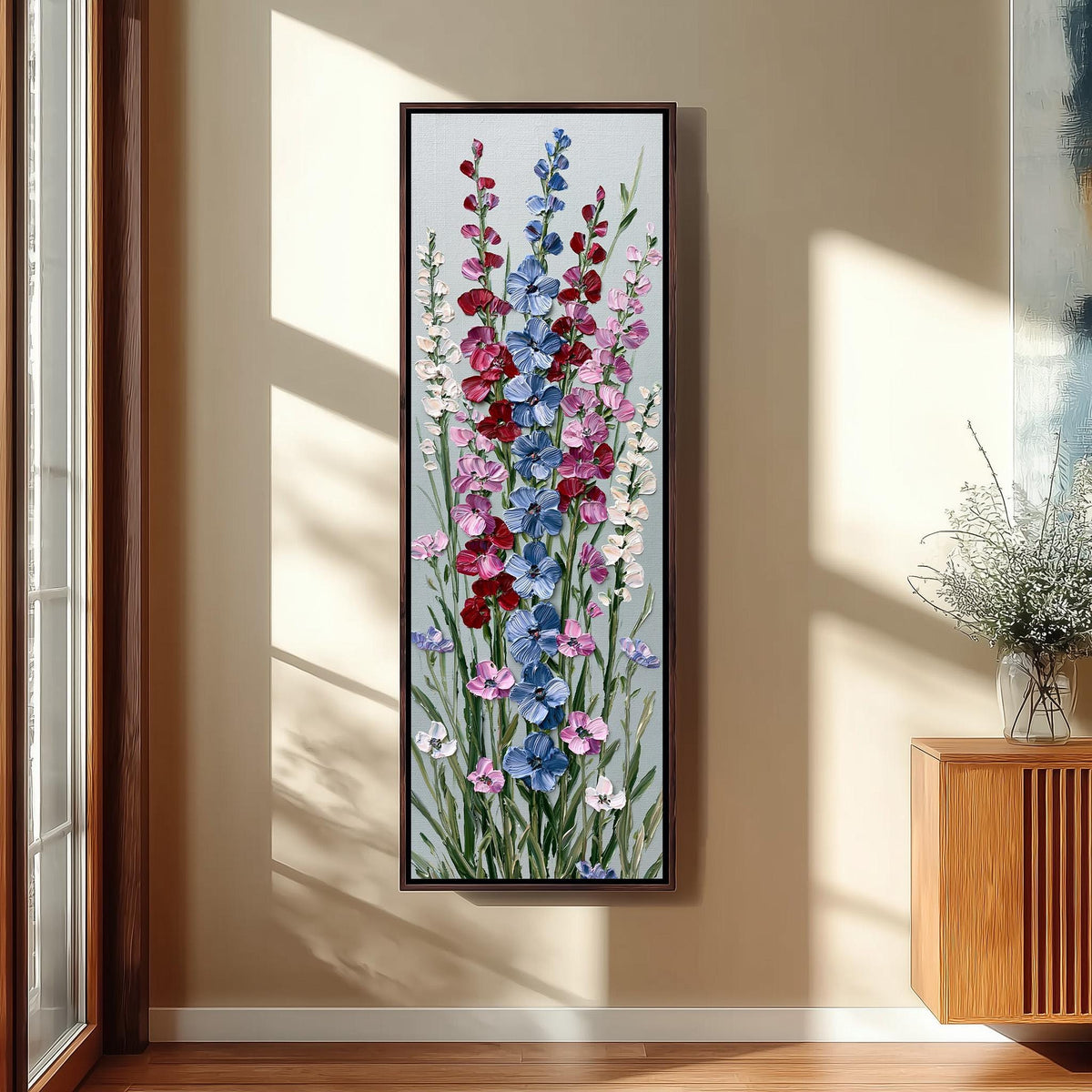 Tall delphinium flower stalks tall skinny canvas print in a sunlit living space