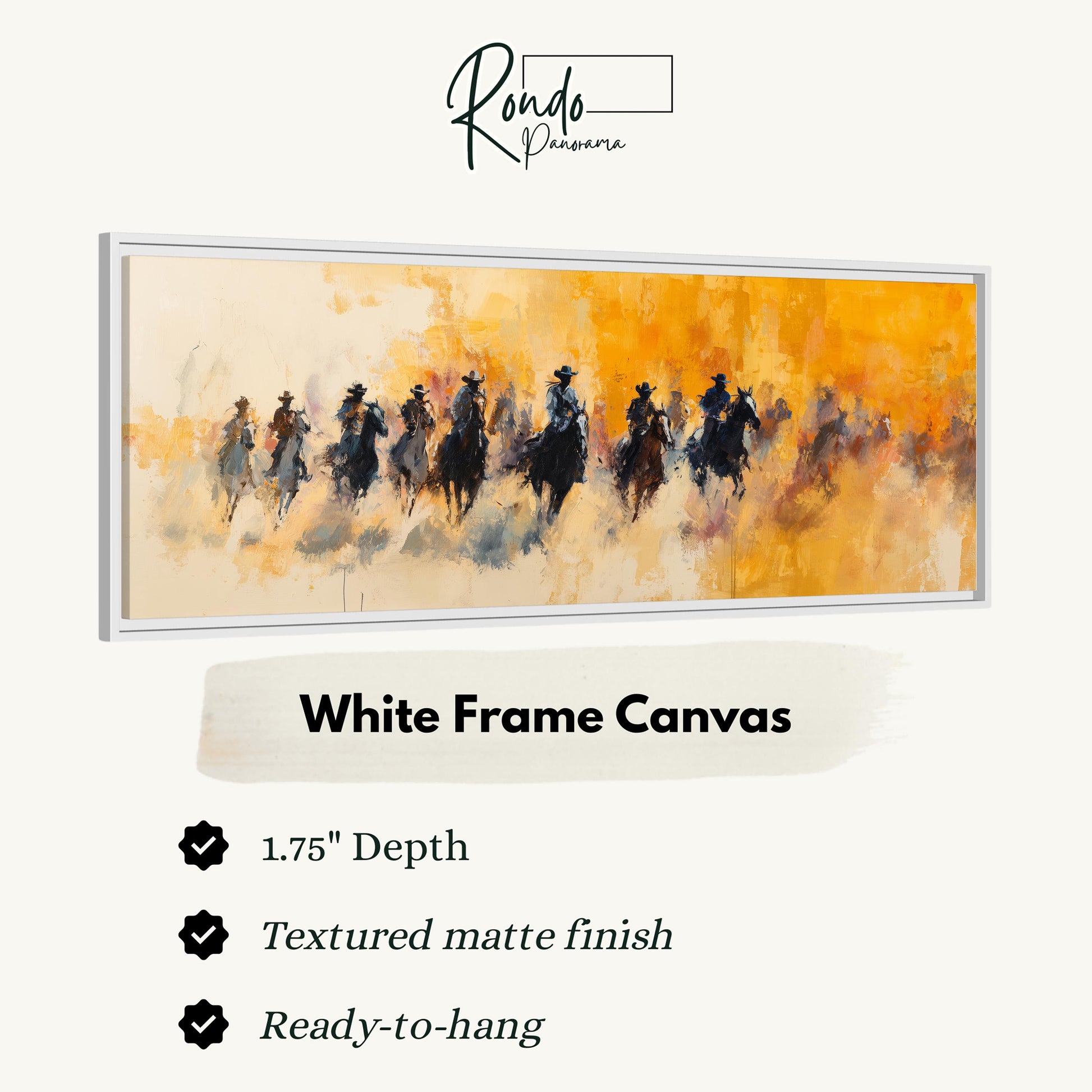 The image is a framed artwork depicting a group of people riding horses, with a textured matte finish and a white frame.