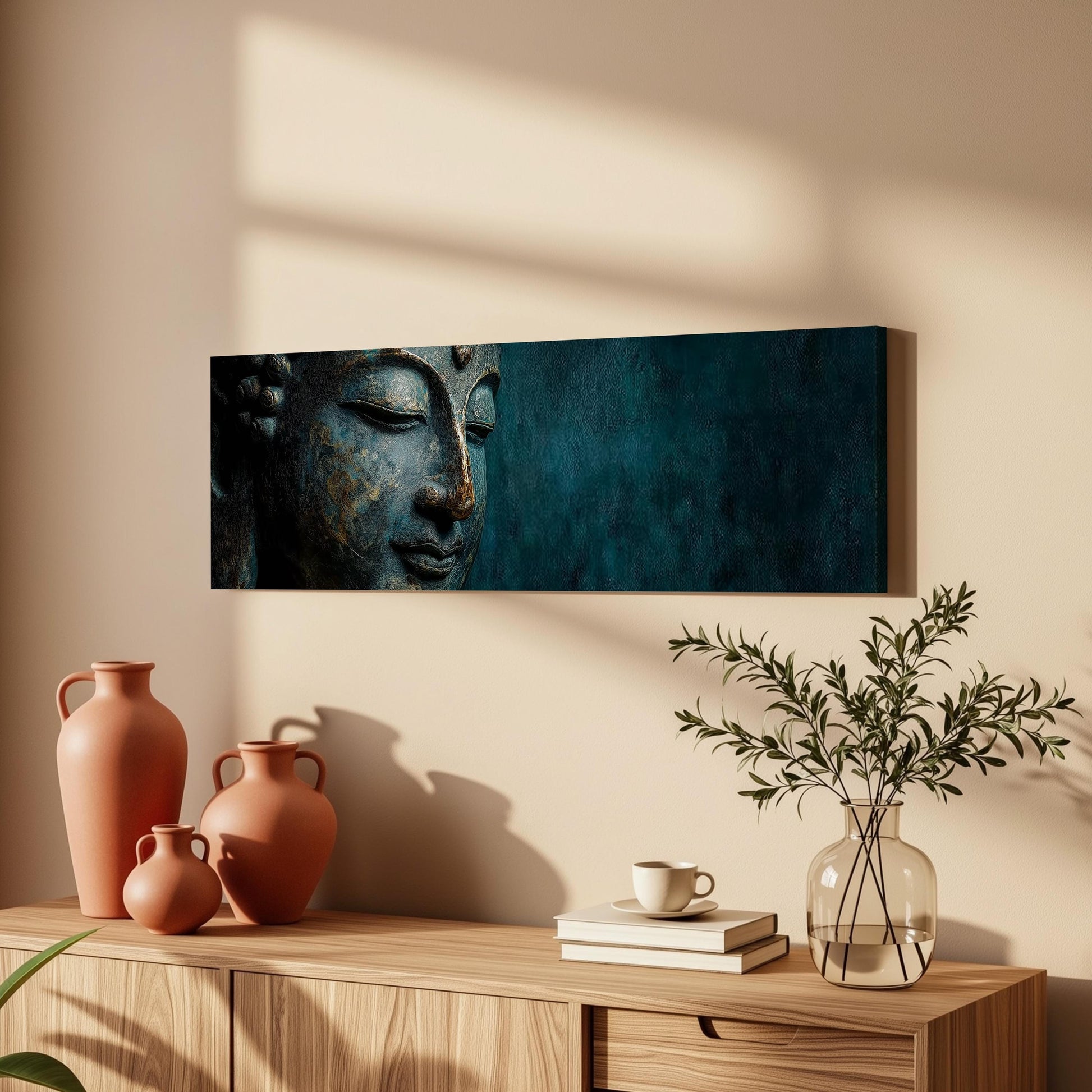 a wooden cabinet with a vase, a plant, and a book on top of it. Above the cabinet, there is a framed image of a Buddha's face on the wall.