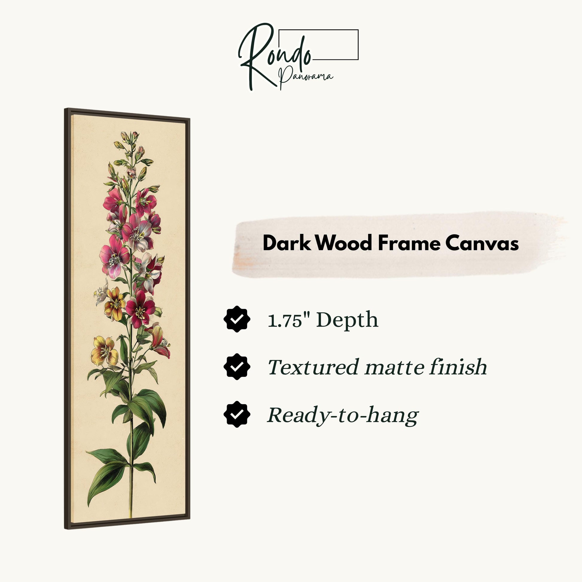 The image is a dark wood frame canvas featuring a detailed illustration of a flower with multiple petals and leaves.