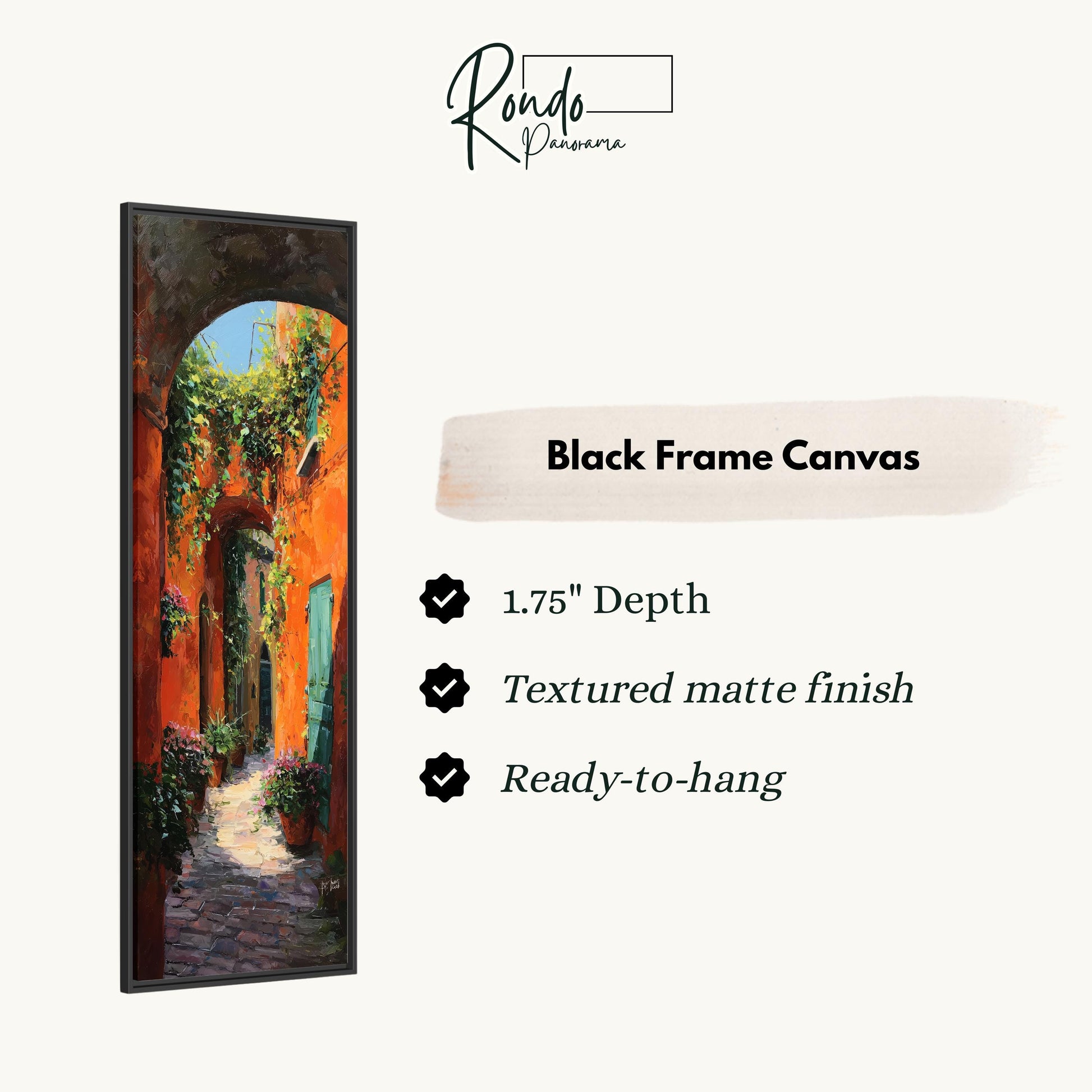 The image is a black frame canvas depicting a narrow alleyway with a stone path and a green door.