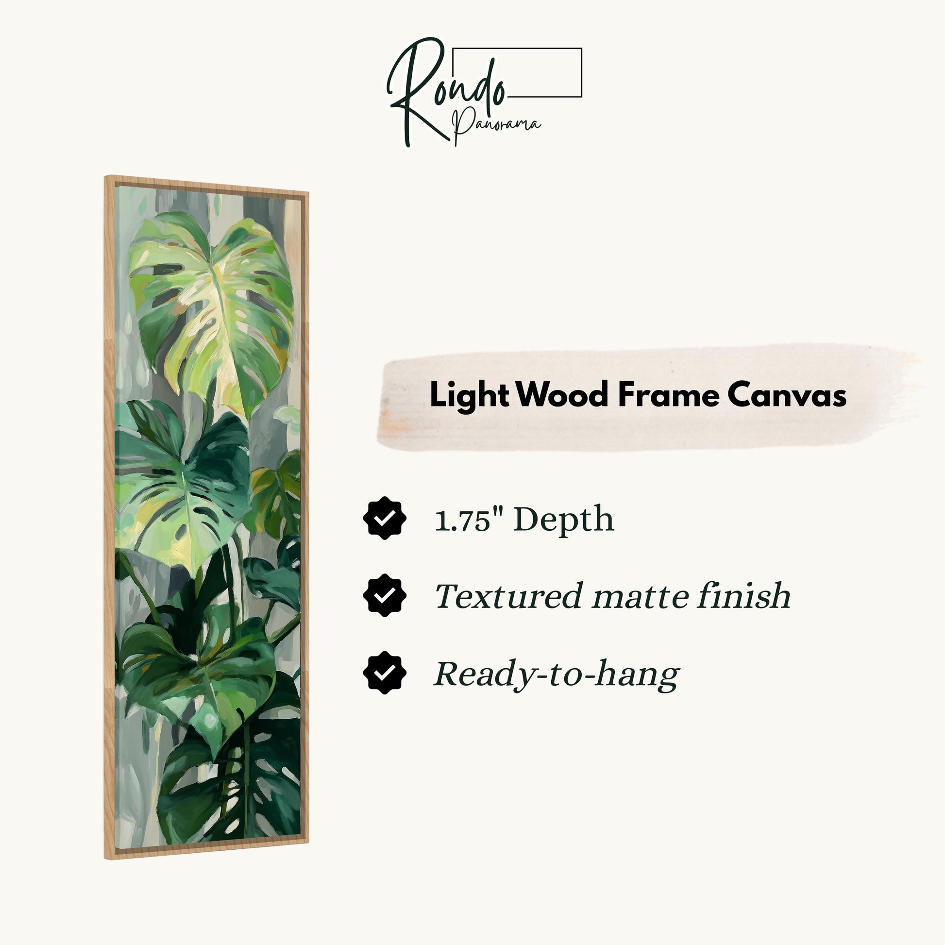 The image is a light wood frame canvas featuring a painting of green plants with large leaves.
