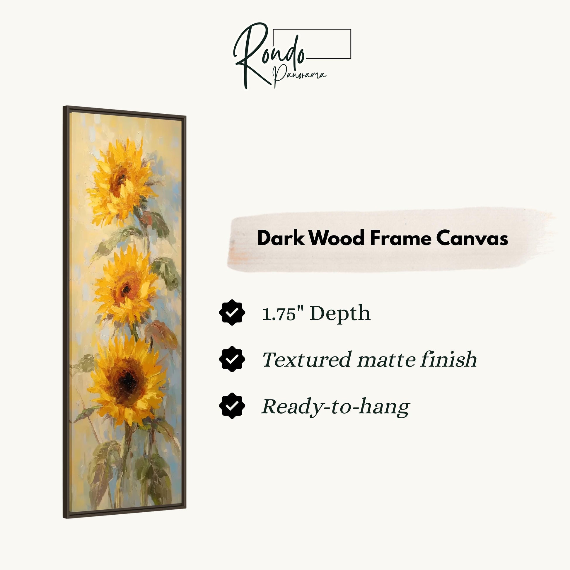 The image is a framed painting of three sunflowers.