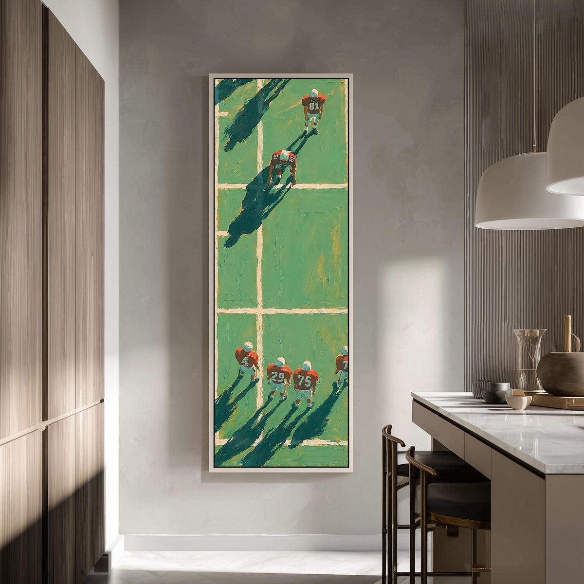 American football players on a field seen from above tall skinny canvas print in a modern kitchen
