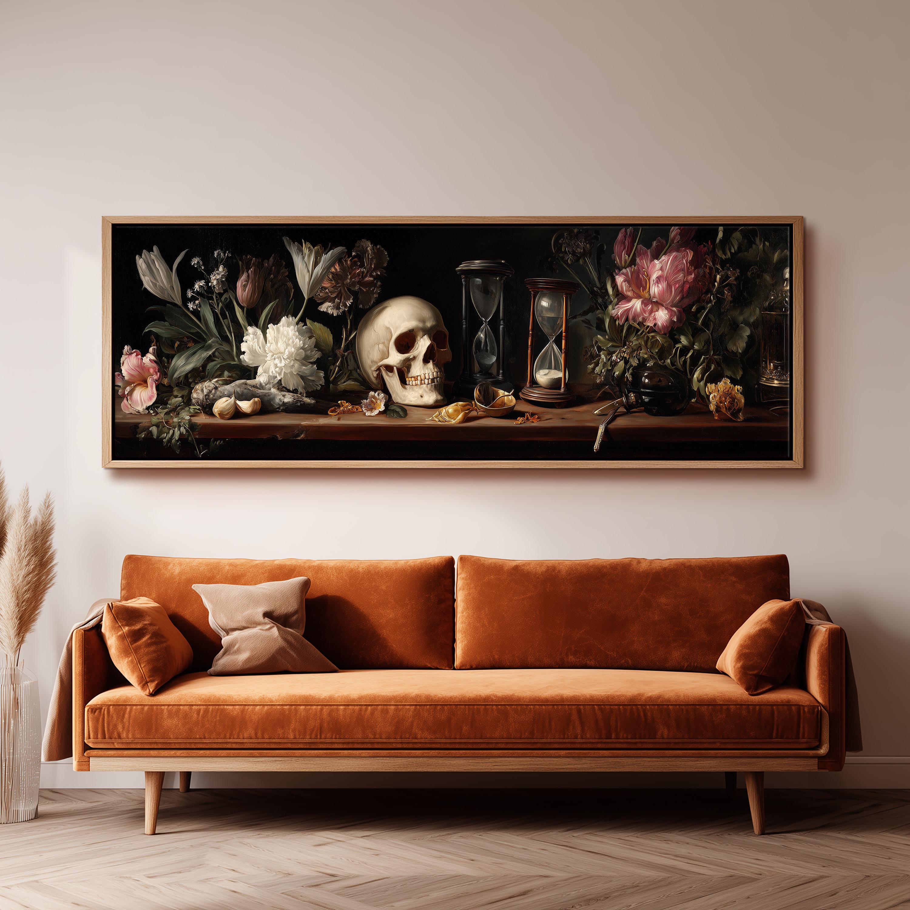 a large painting of a still life arrangement on a wall above a brown sofa.