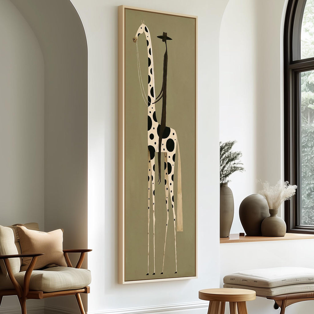 Tall spotted giraffe with a tiny rider long vertical canvas print in a sunlit living space