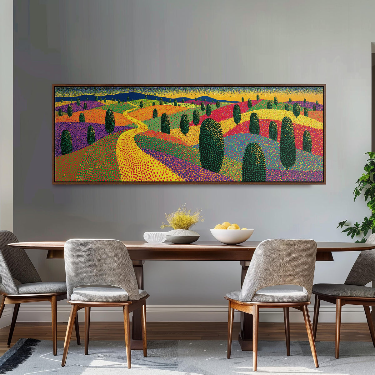 Colorful dotted garden with a winding path long horizontal canvas print above a dining table