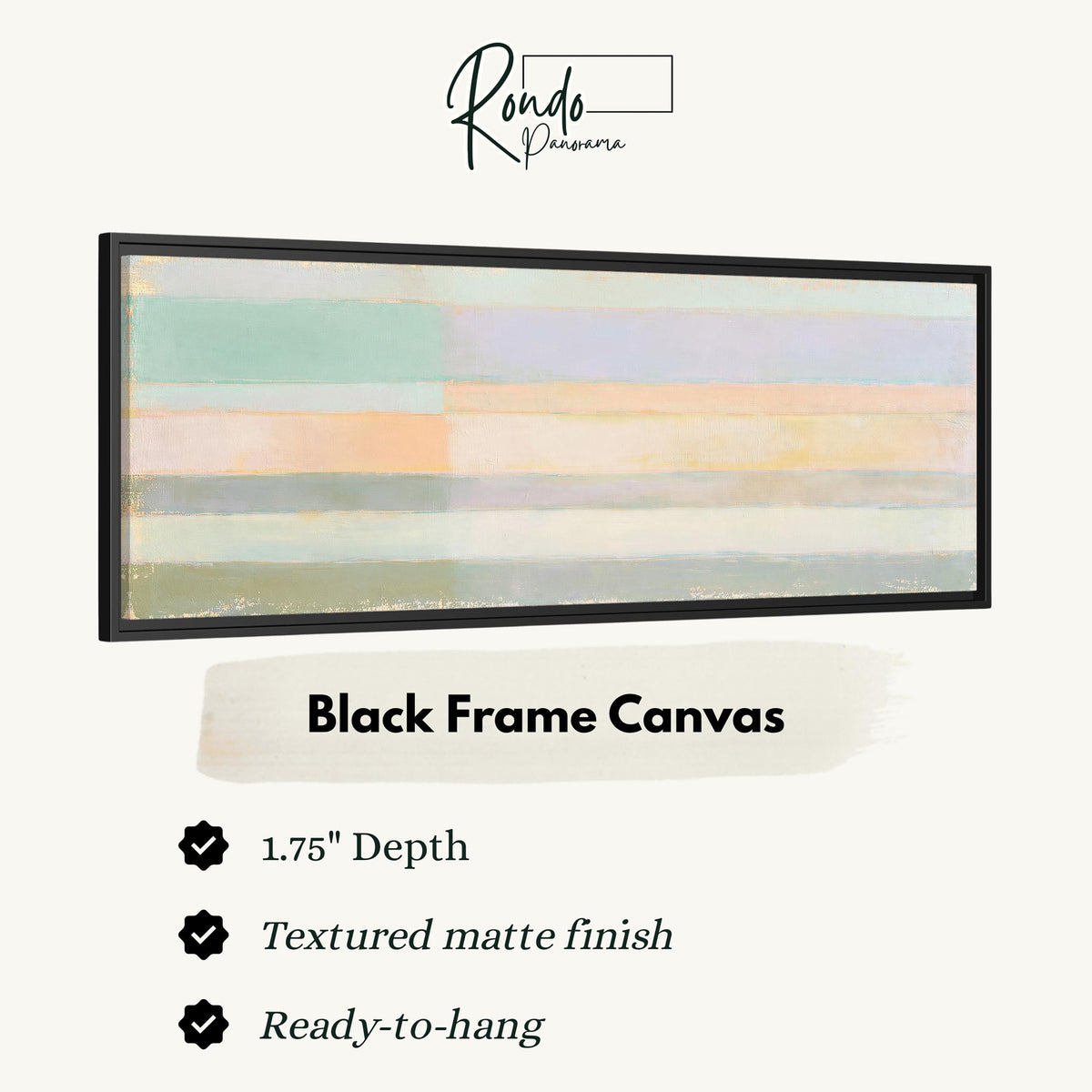 Mint, lavender and peach pastel bands canvas print in a black floating frame