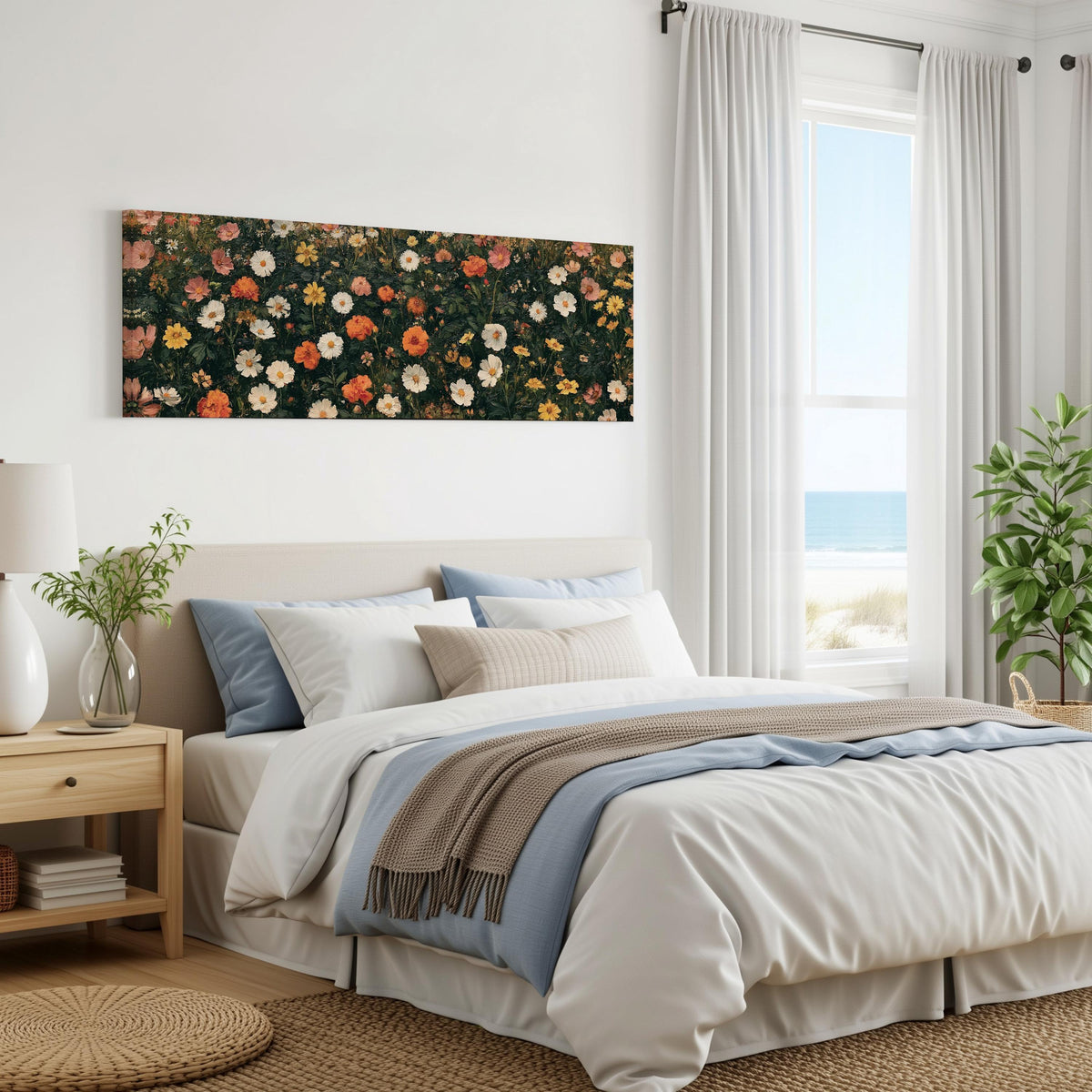Blooming floral tapestry on dark green panoramic canvas print above a bed in a coastal bedroom
