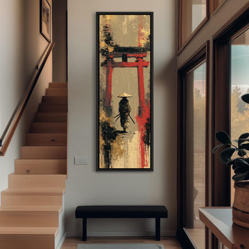 Samurai walking under a red torii gate long vertical canvas print in a sunlit living space