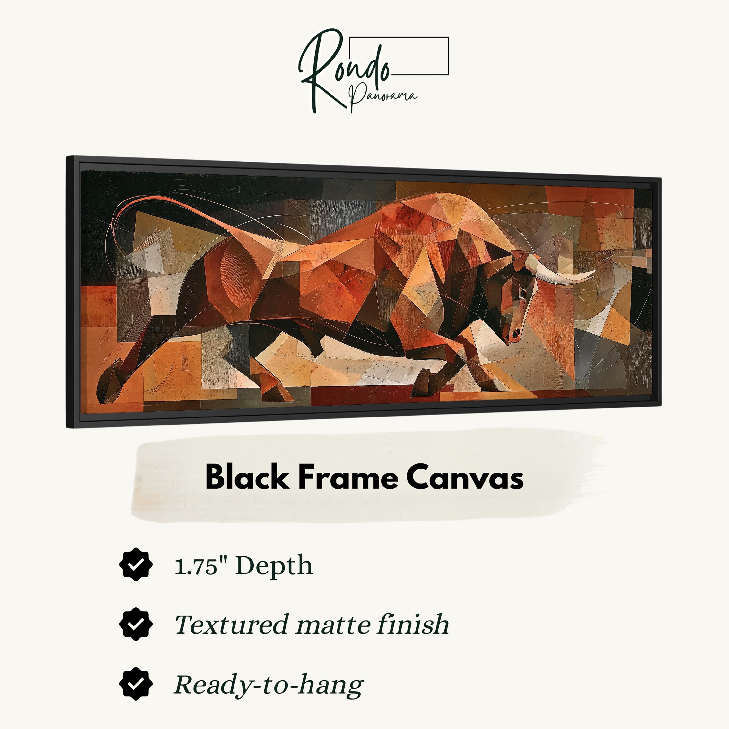 The image is a black frame canvas depicting a bull in motion, with a textured matte finish.