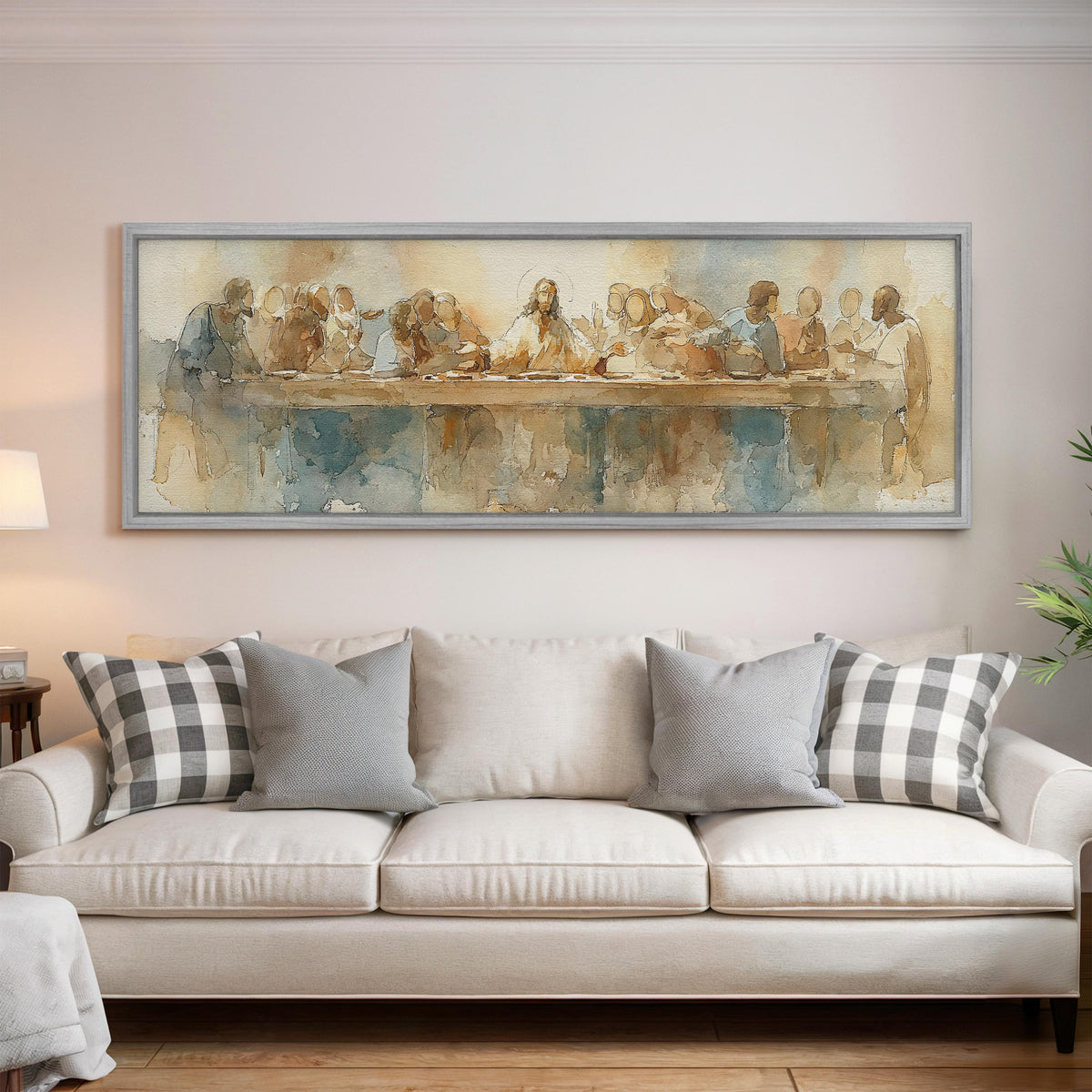 The Last Supper in watercolor long horizontal canvas print displayed on a wall