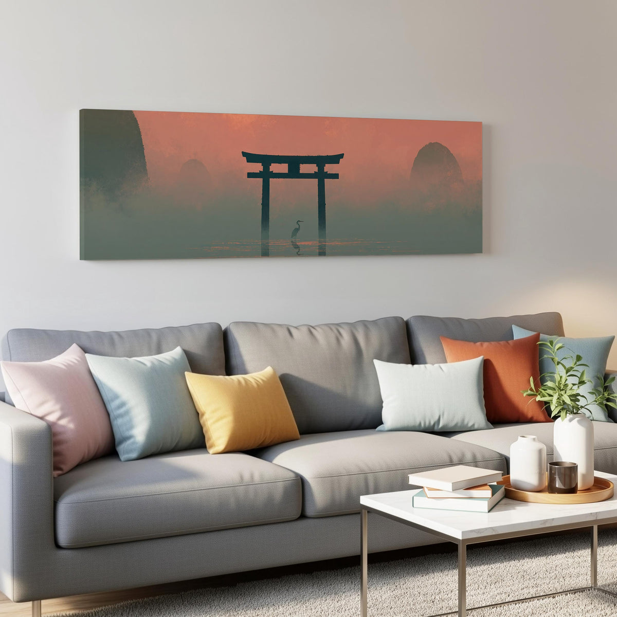 Torii gate and heron in pink mist panoramic canvas print above a grey sofa in a living room