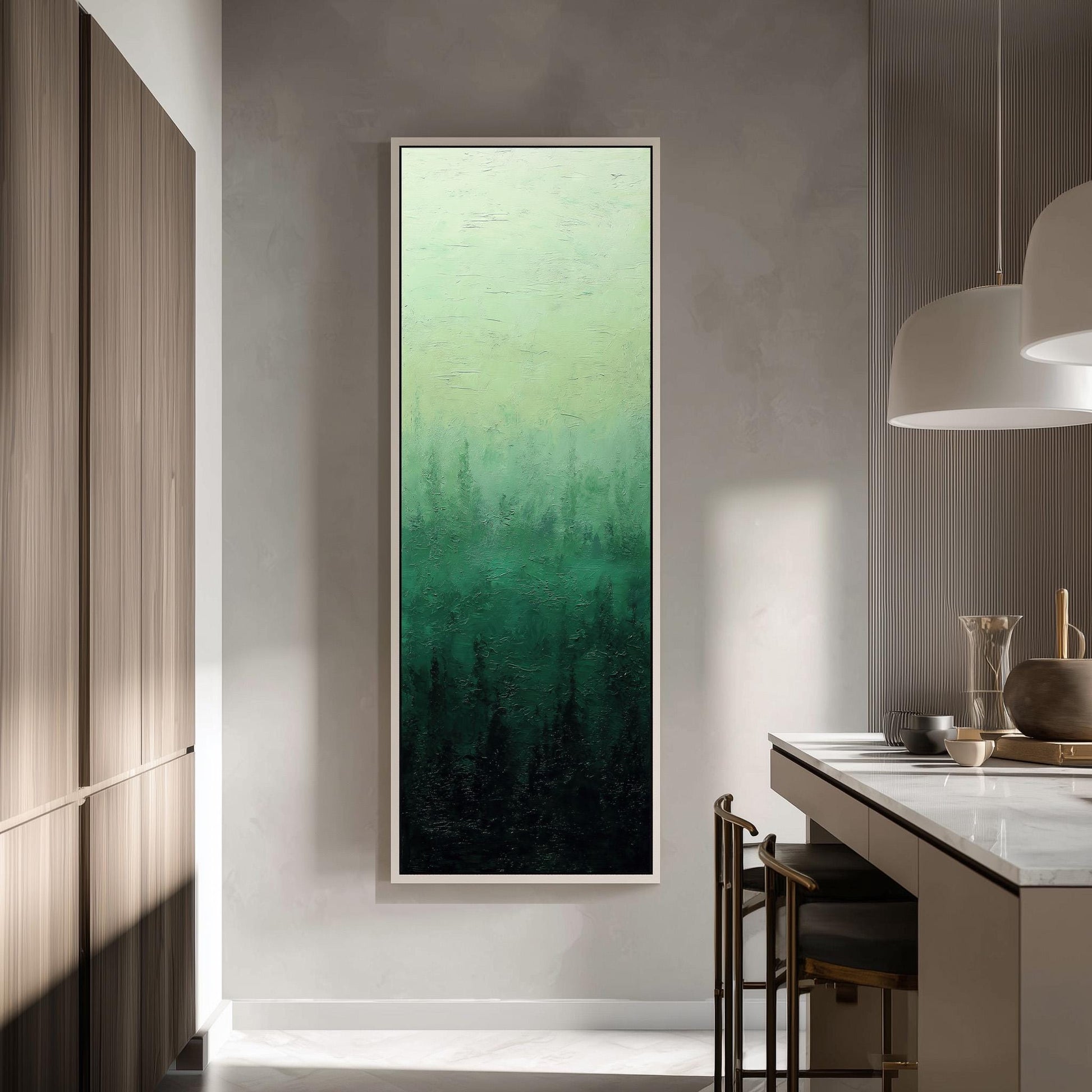 a modern kitchen with a large painting of a forest scene hanging on the wall.