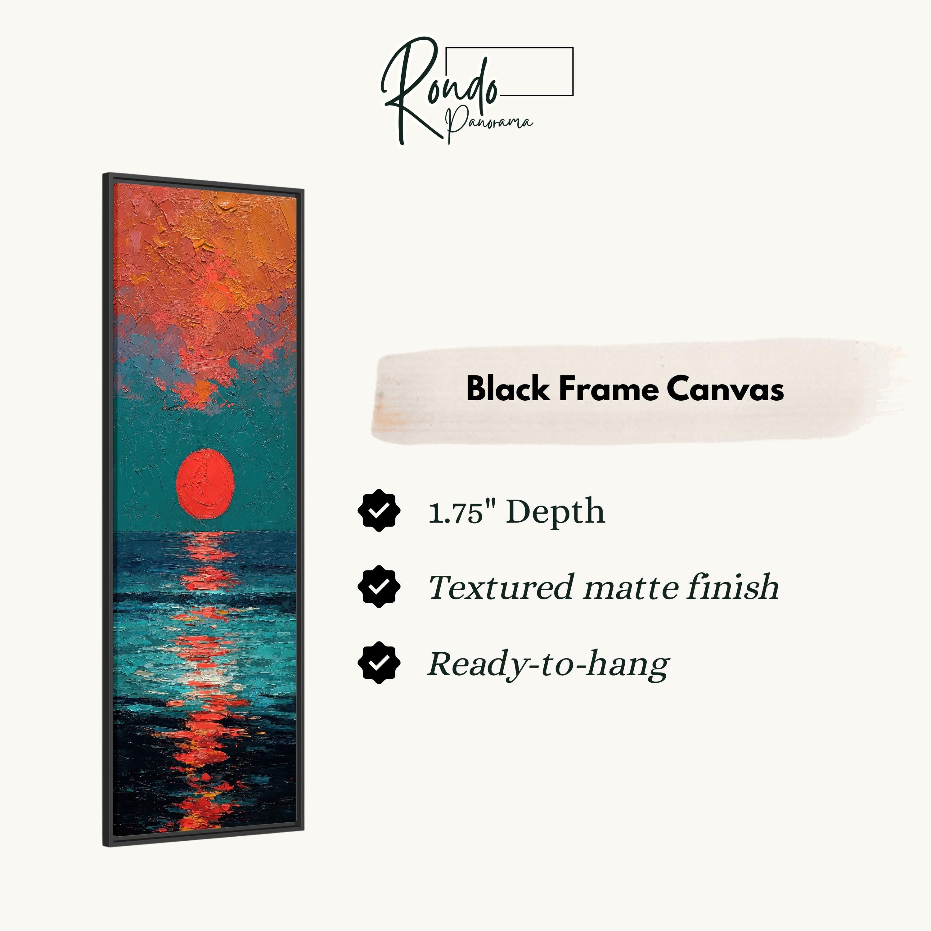 The image is a black frame canvas with a painting of a sunset over the ocean.
