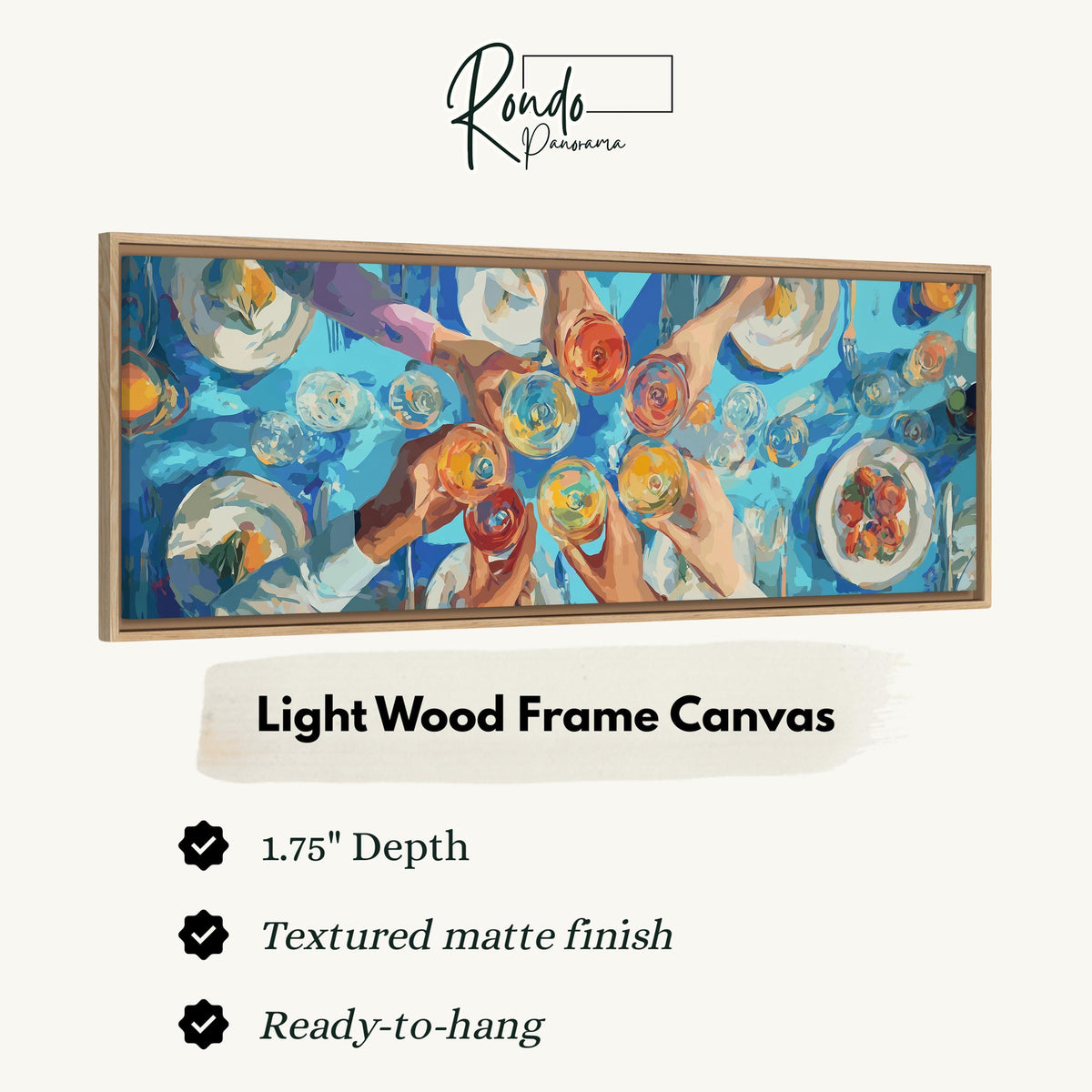 Friends toasting over a blue table from above canvas print in a light wood floating frame