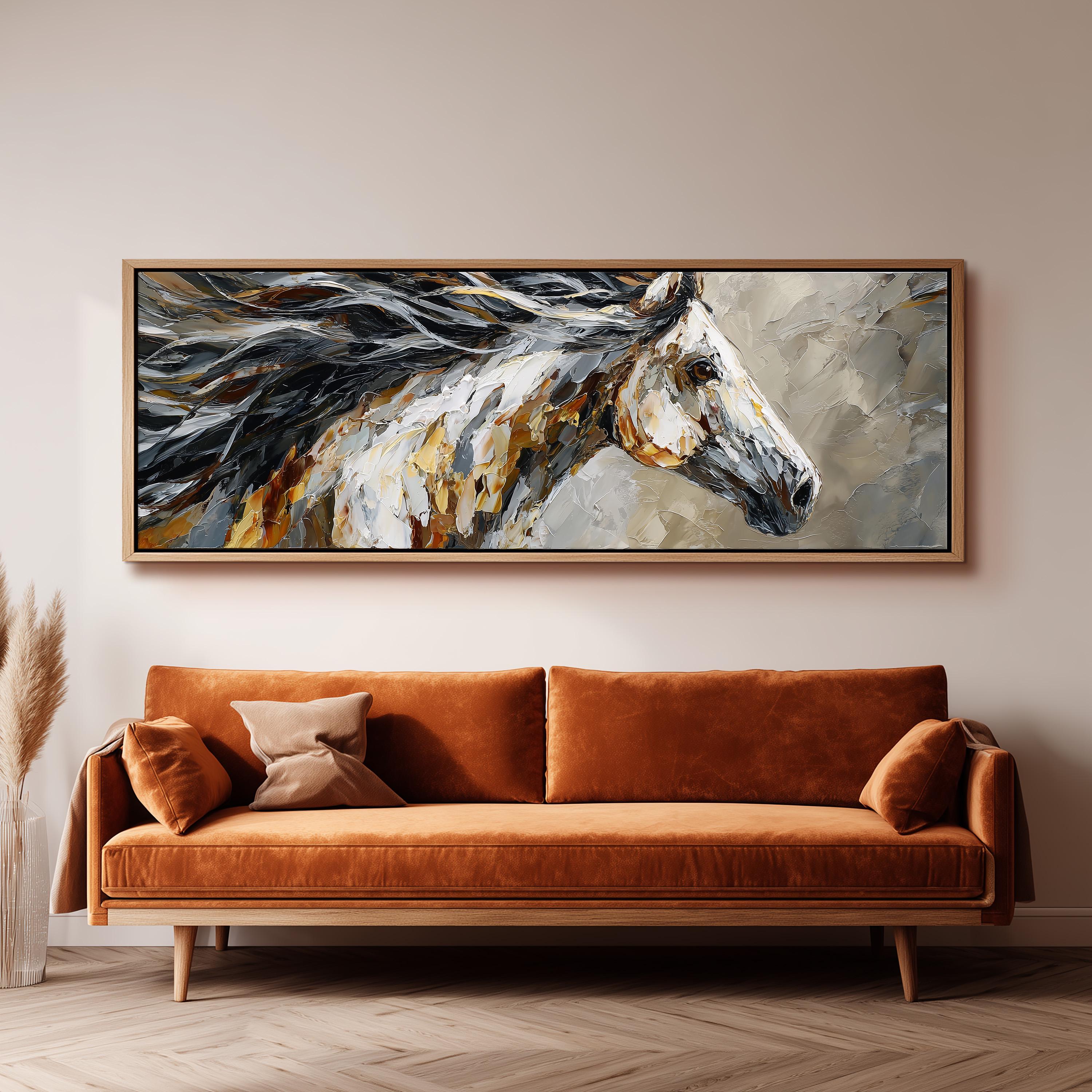 a large, vibrant painting of a horse's head hanging on a wall above a brown sofa.