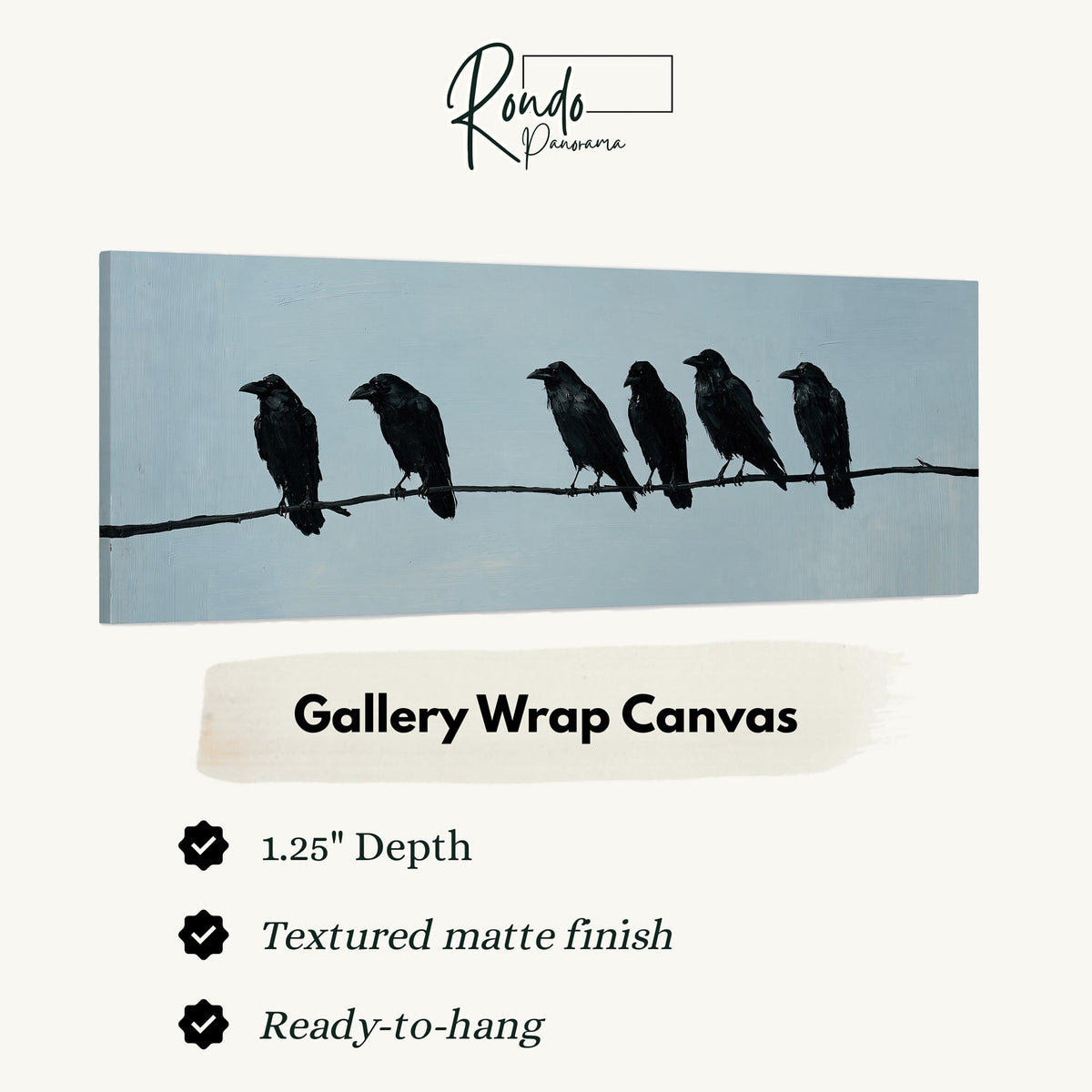 Ravens spaced along a wire gallery wrap canvas with the image wrapped around the edges