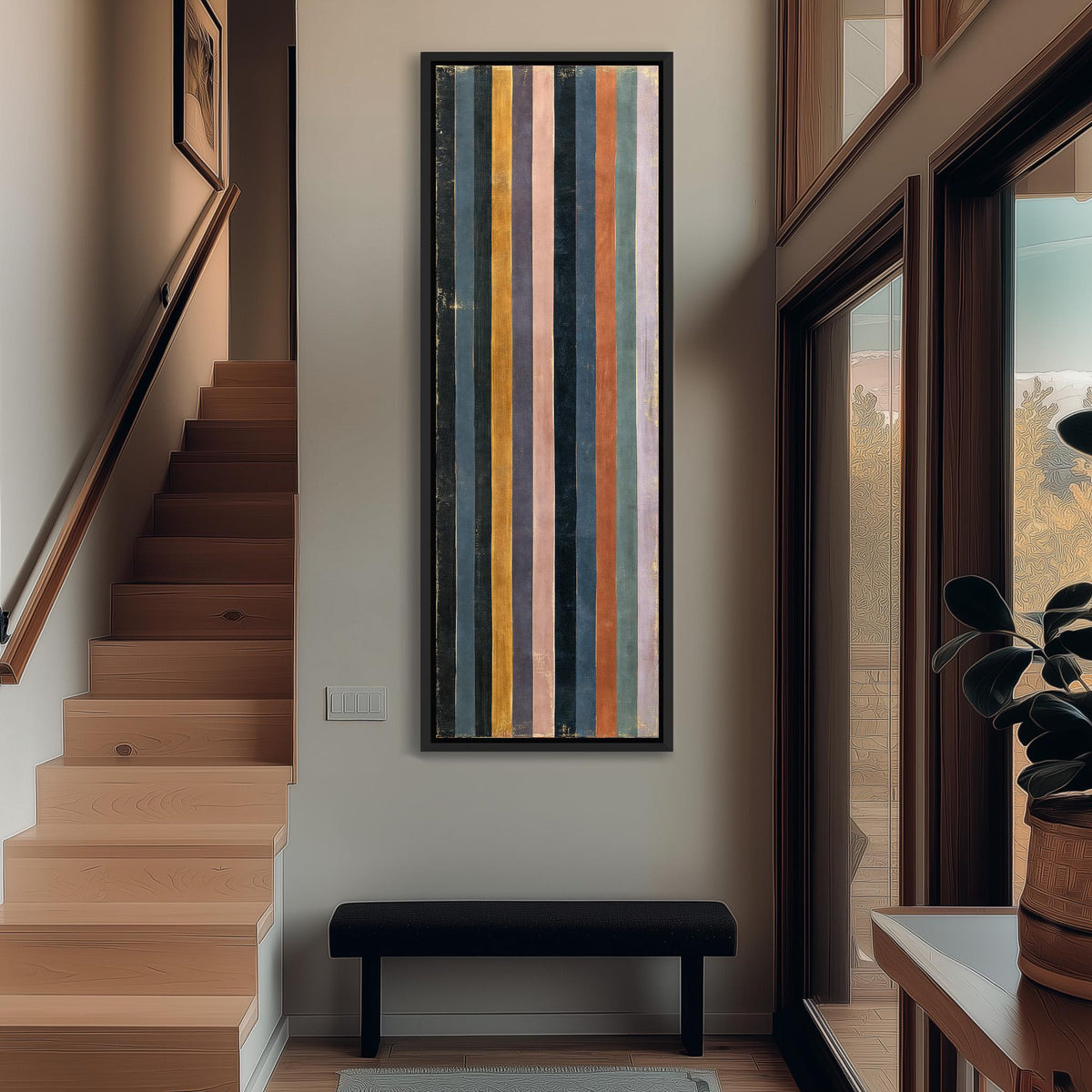Vertical stripes in navy, rust and mauve tall narrow canvas print beside a staircase in an entryway