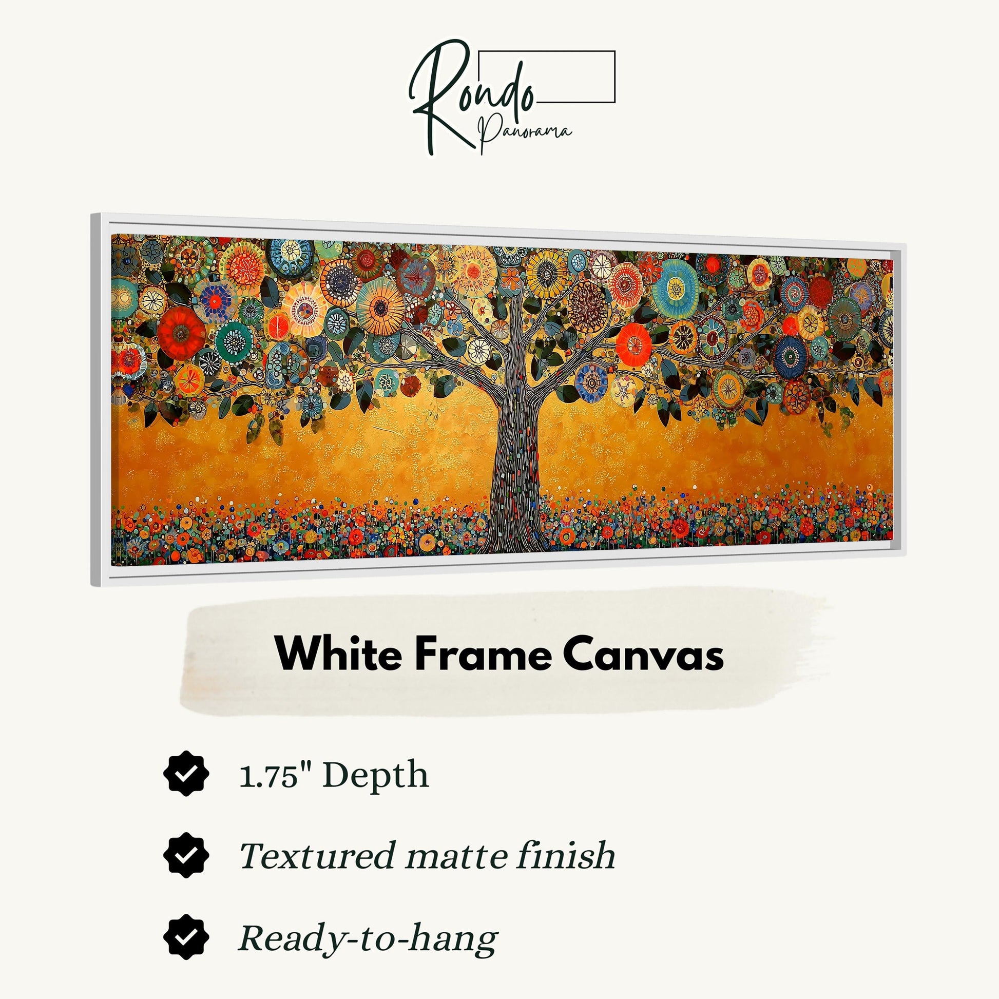 The image is a white frame canvas with a tree design featuring colorful flowers and leaves.