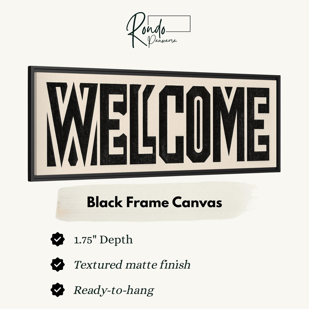 Bold welcome block letters canvas print in a black floating frame