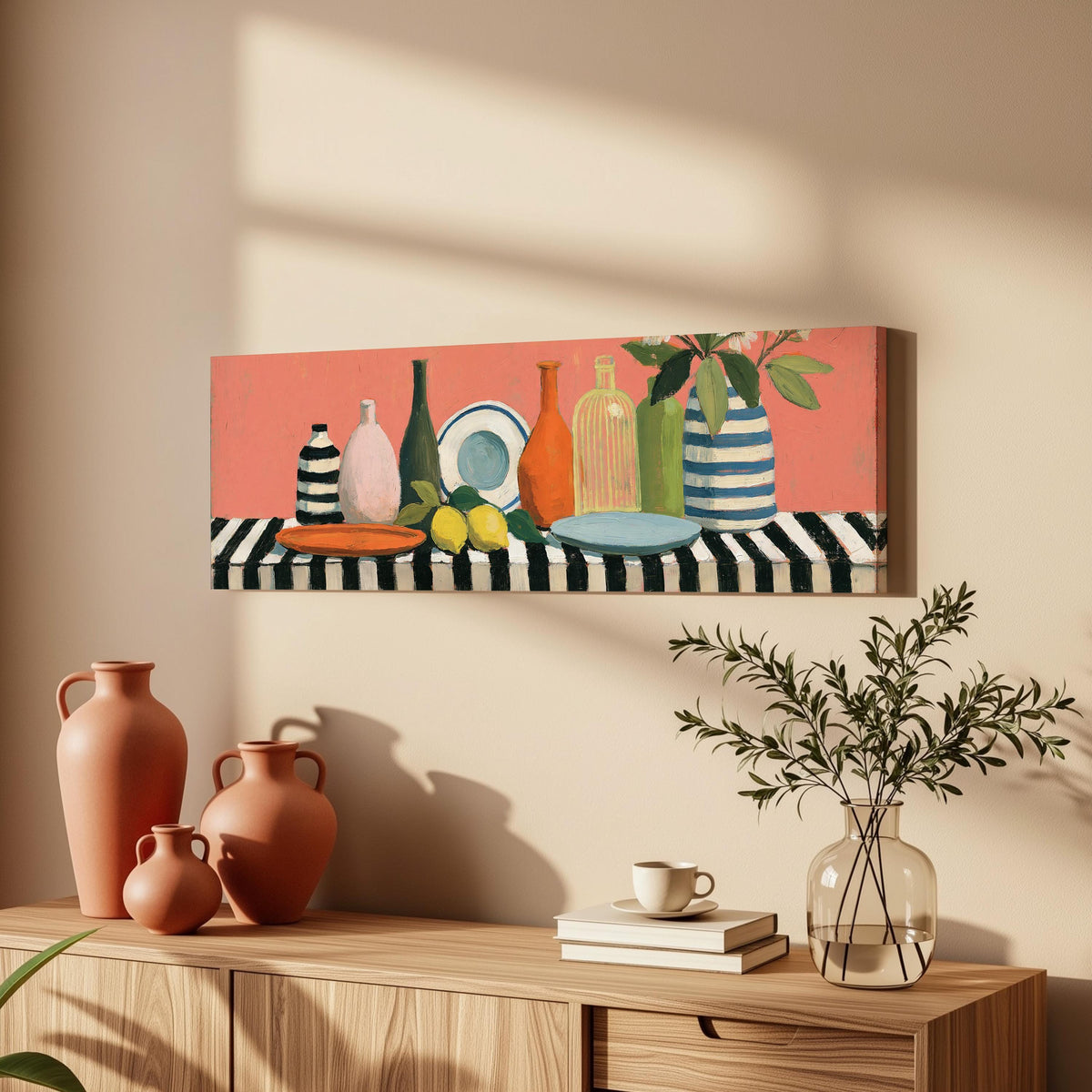 Bottles and lemons still life long horizontal canvas print above a wooden sideboard