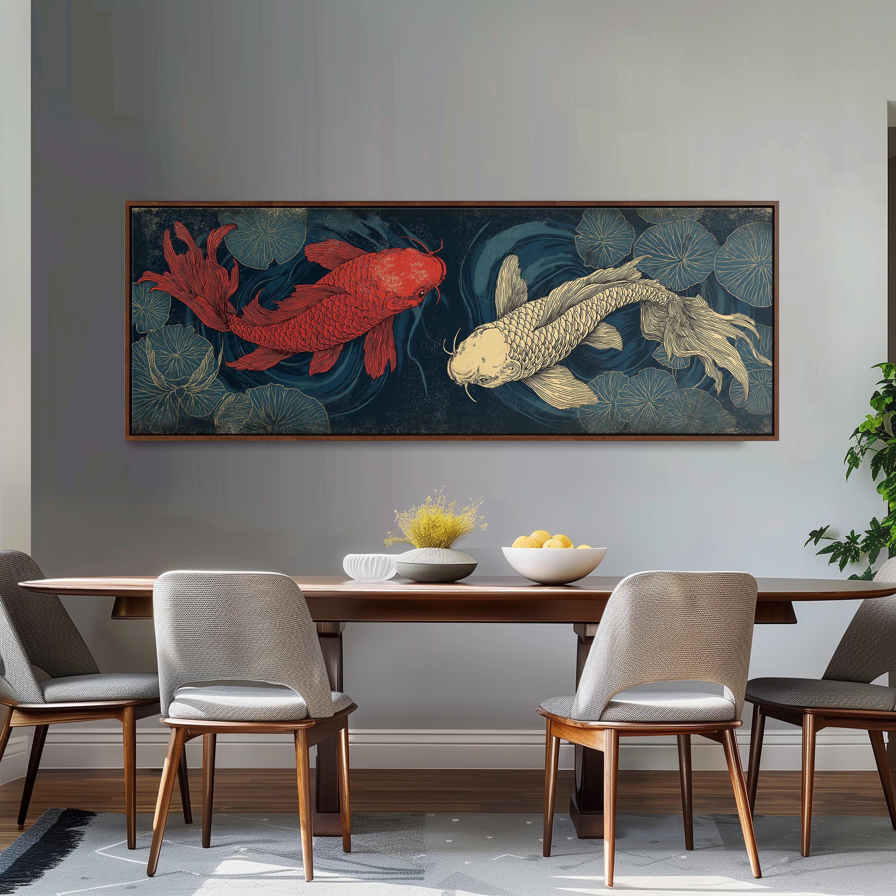 a dining room with a large, framed painting of two koi fish swimming in a pond-like setting above a wooden dining table. The table is set with a bowl of fruit and a vase of flowers, creating a cozy and inviting atmosphere.