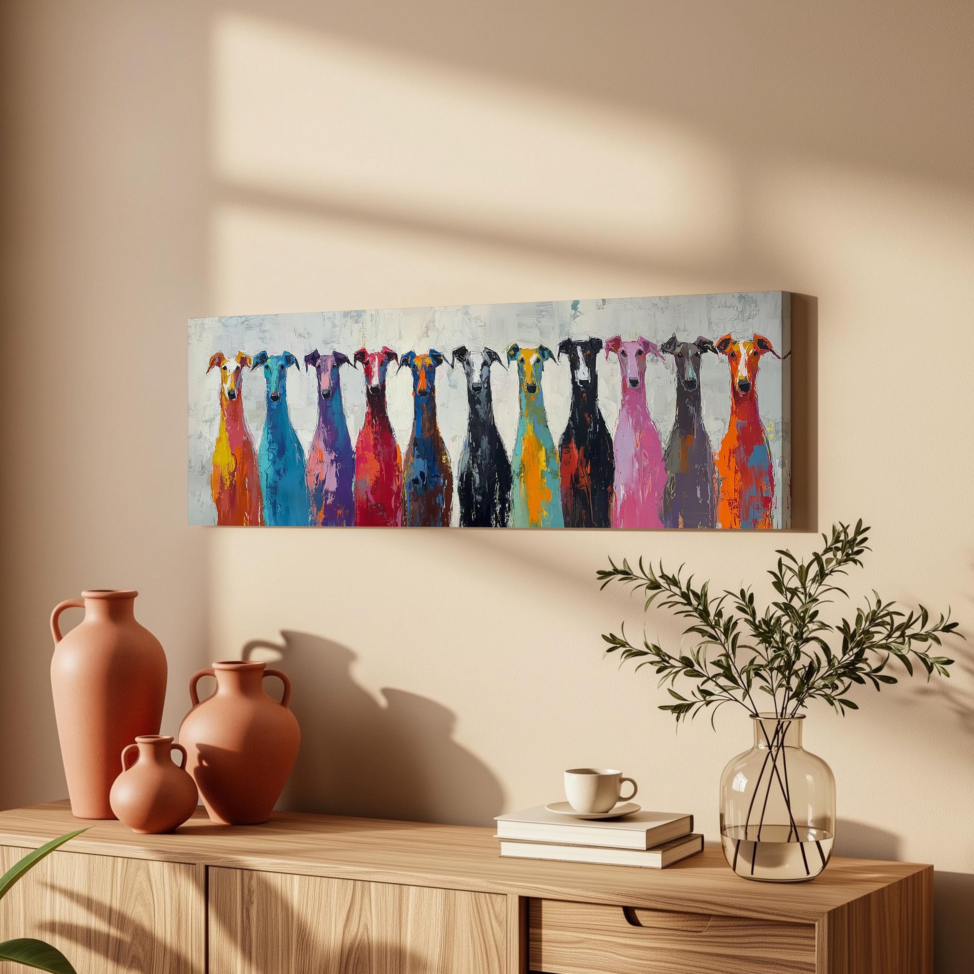 a wooden cabinet with a vase, a stack of books, and a coffee cup on top. Above the cabinet, there is a painting of a group of colorful dogs.