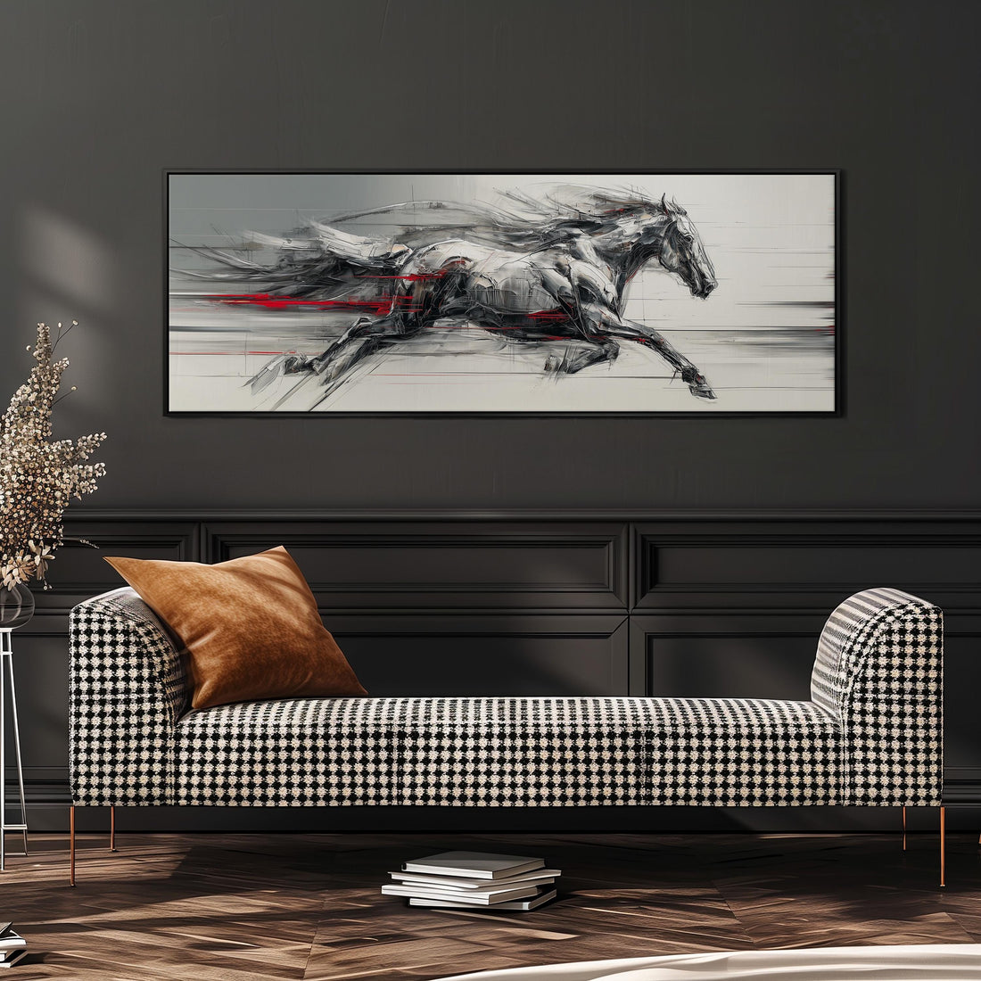 a large, framed painting of a horse in motion, hanging on a wall above a white couch with gray and white patterned pillows.