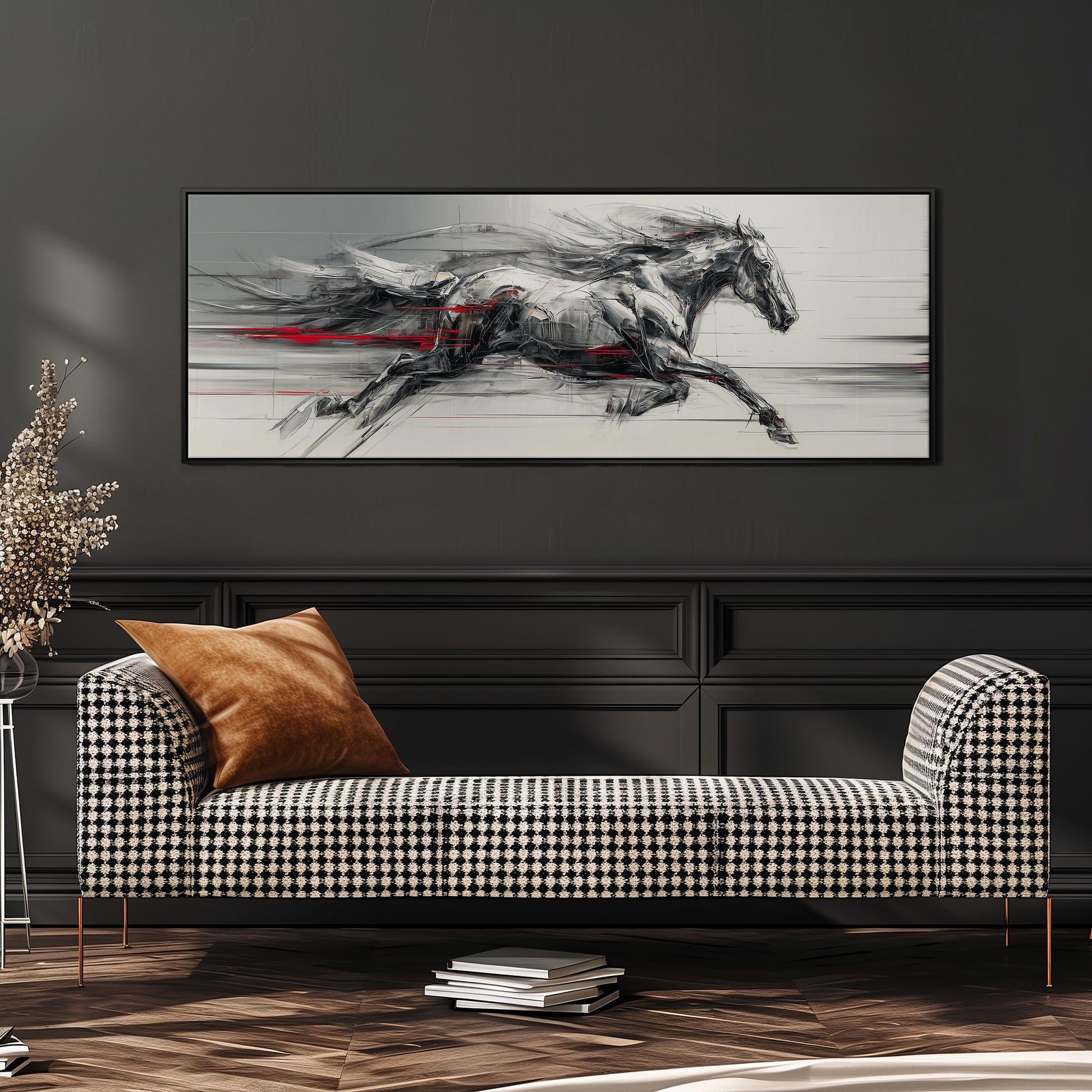 a large black and white painting of a galloping horse, which is hanging on a wall above a black and white checkered sofa.