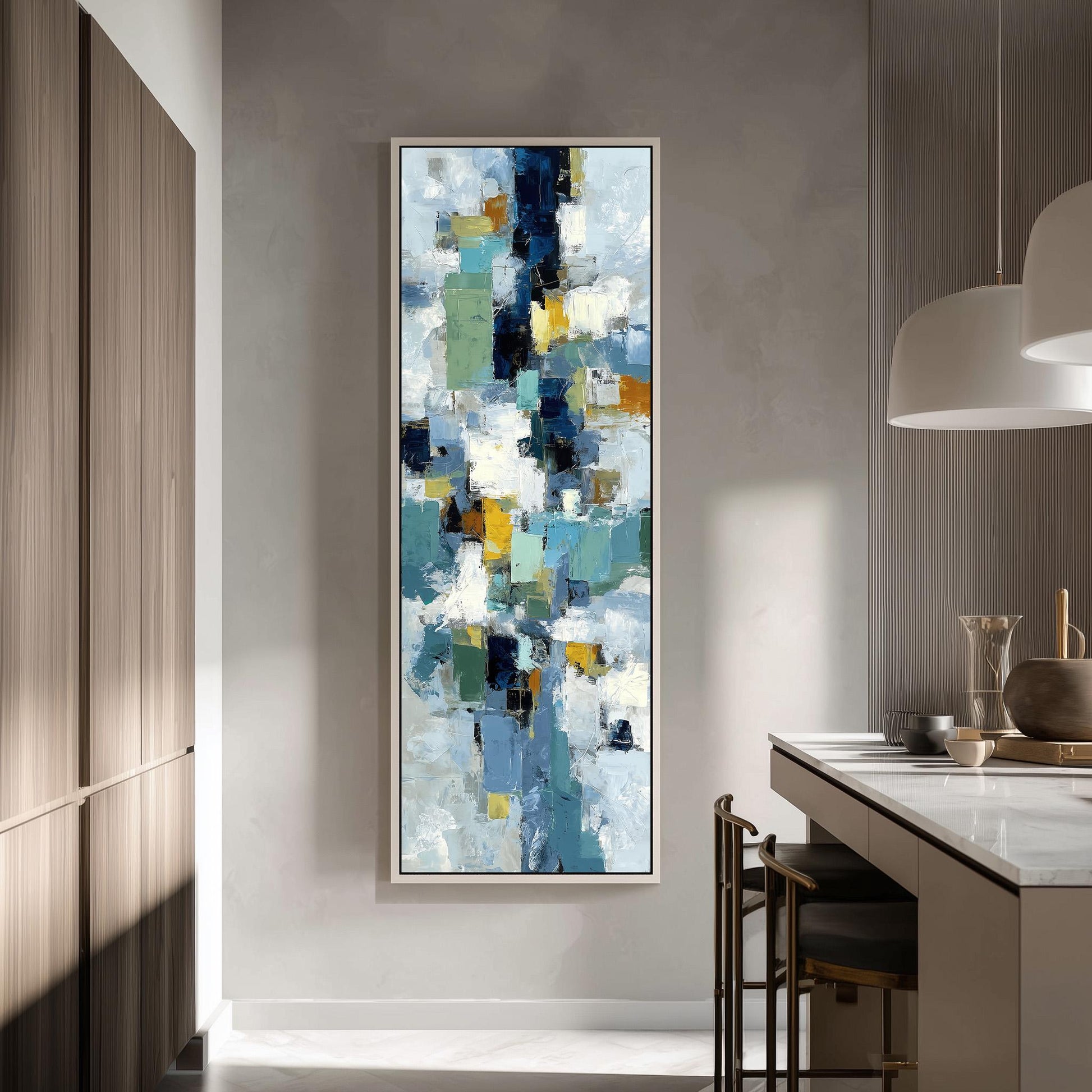 a large abstract painting hanging on a wall in a modern kitchen.