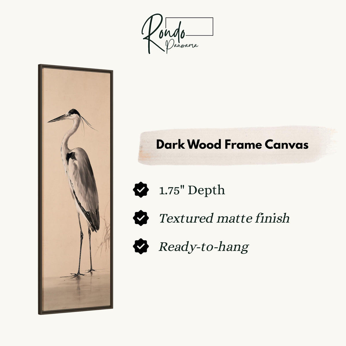 Grey heron standing in shallow water canvas print in a dark wood floating frame
