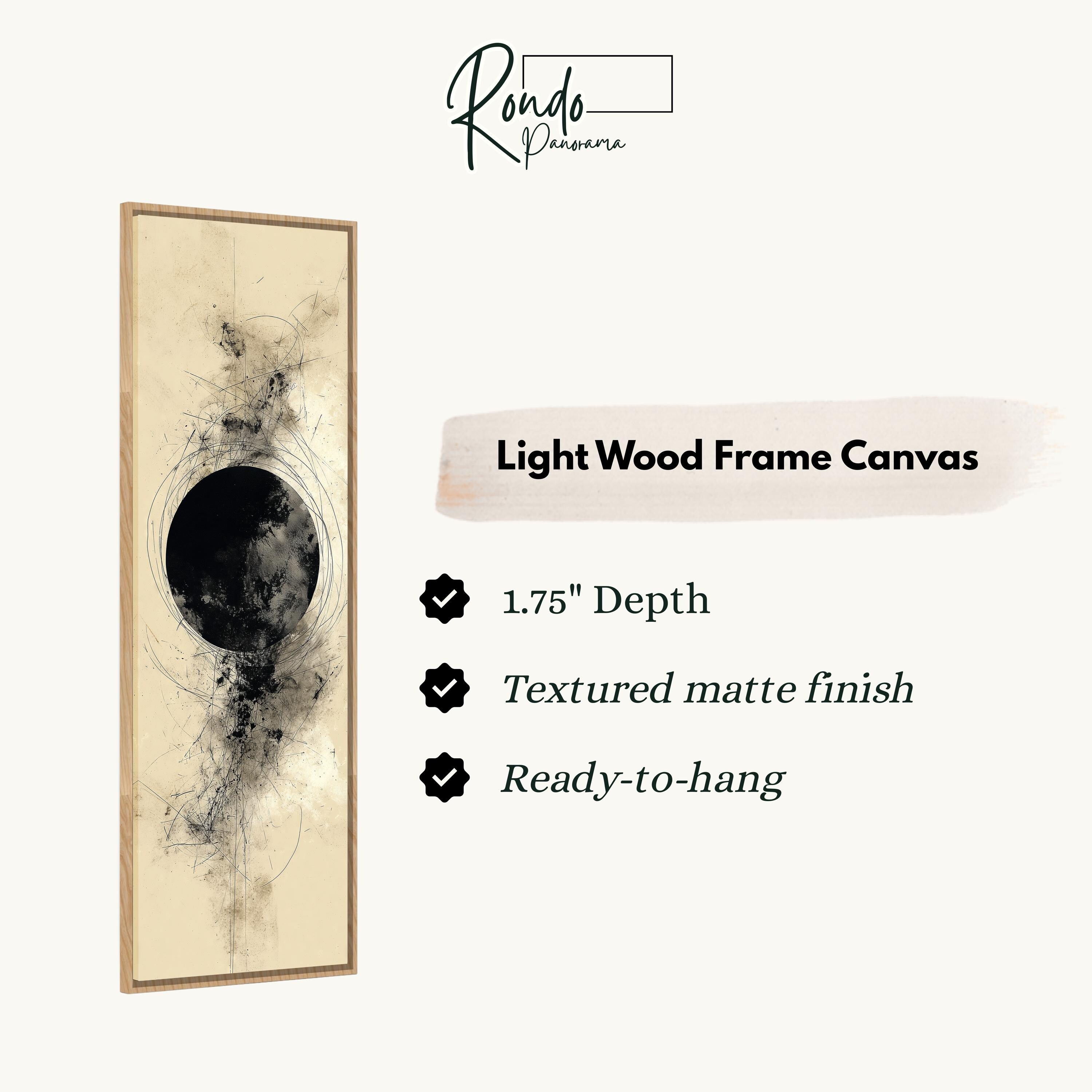 The image is a light wood frame canvas with a black and white abstract design.