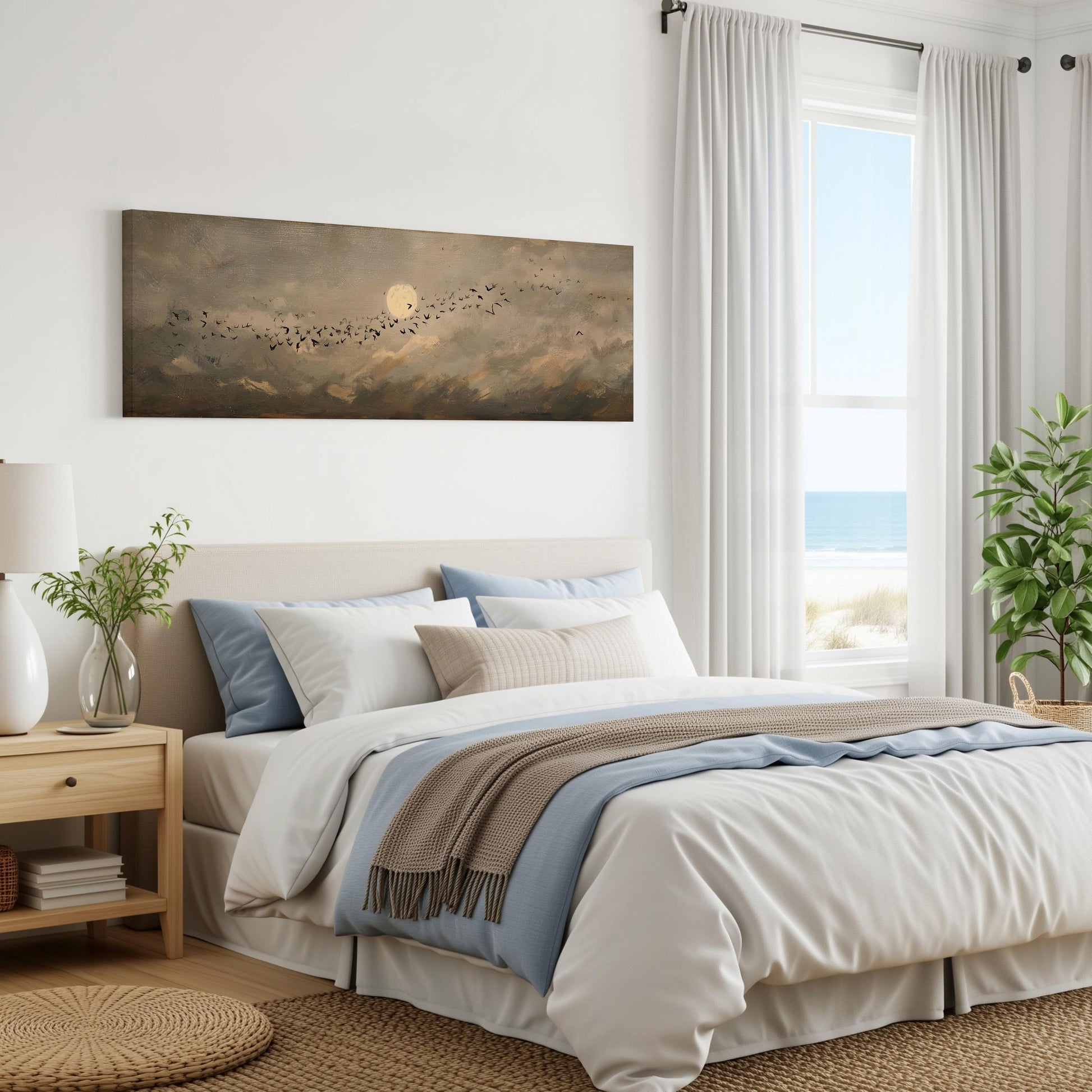 a serene bedroom with a large bed, a nightstand, and a painting of a flock of birds on the wall. The room has a calming and peaceful atmosphere, with natural light coming in through the window and a view of the ocean.