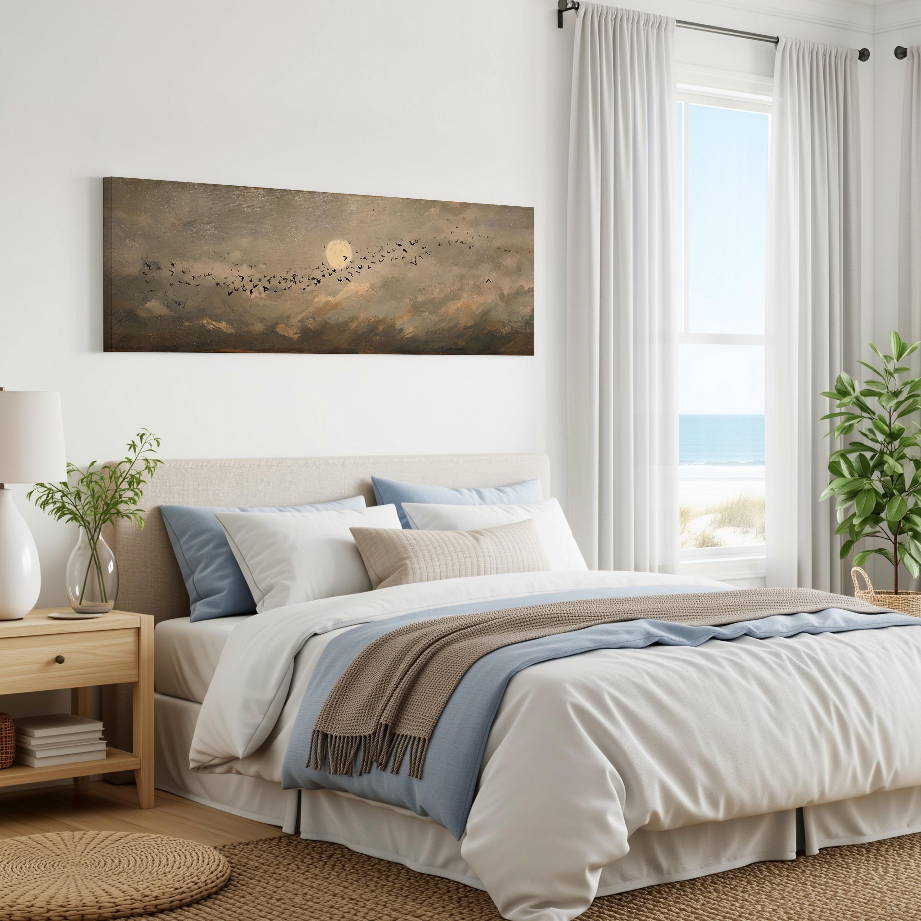 a serene bedroom with a large bed, a nightstand, and a painting of a flock of birds on the wall. The room has a calming and peaceful atmosphere, with natural light coming in through the window and a view of the ocean.