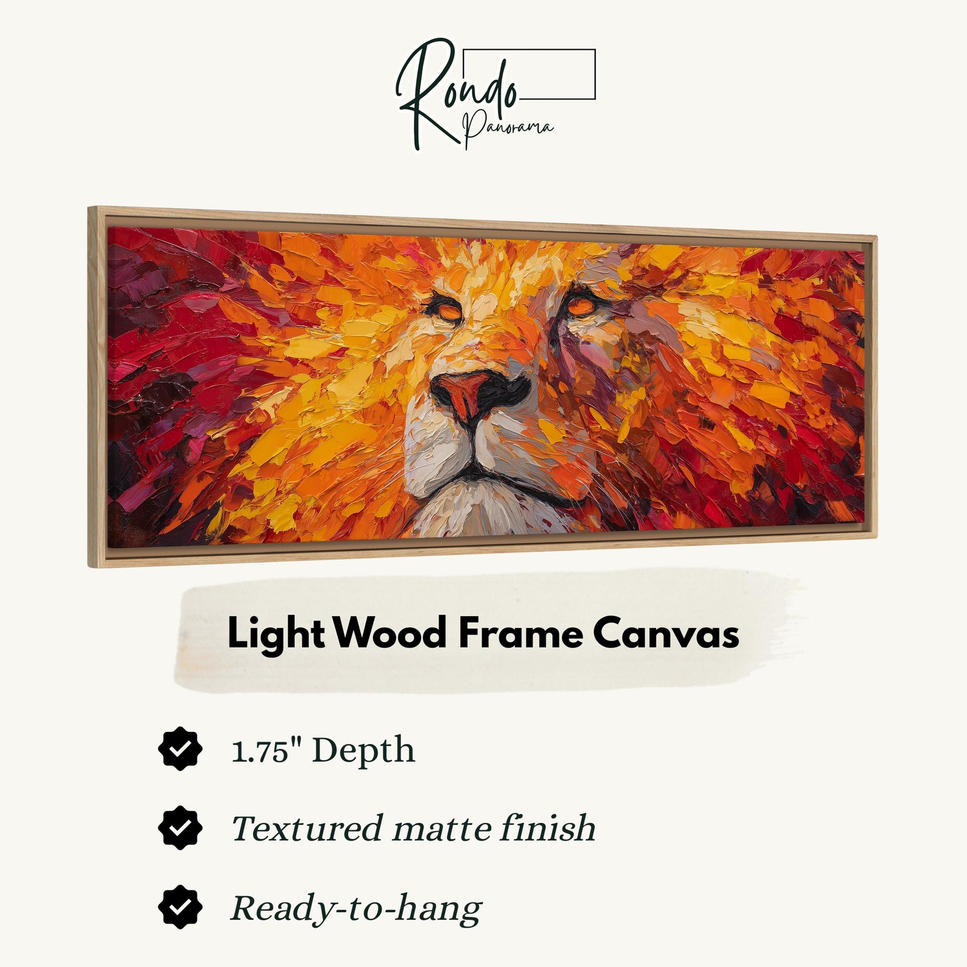 The image is a close-up of a vibrant, textured wood frame canvas depicting a close-up of a lion's face.