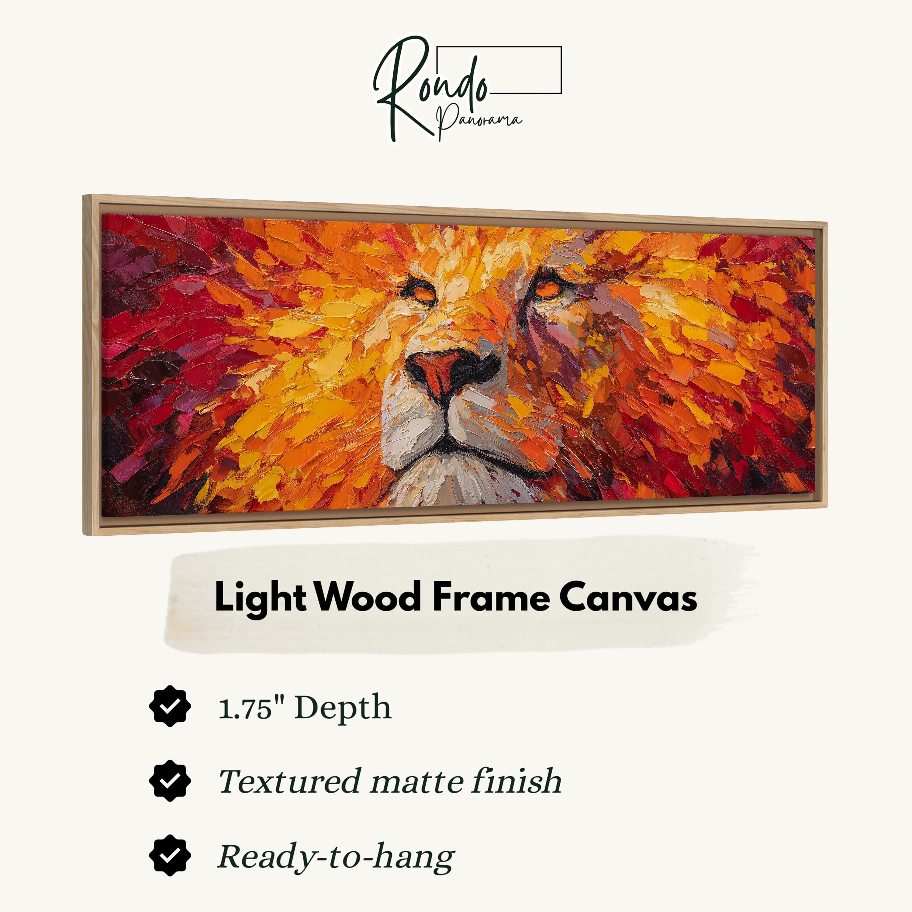 The image is a close-up of a vibrant, textured wood frame canvas depicting a close-up of a lion's face.