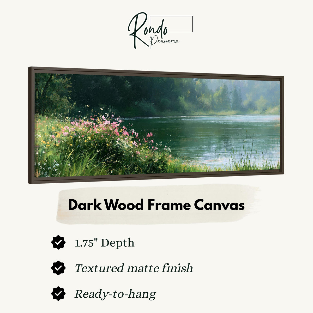 Pink wildflowers on a green lakeshore canvas print in a dark wood floating frame