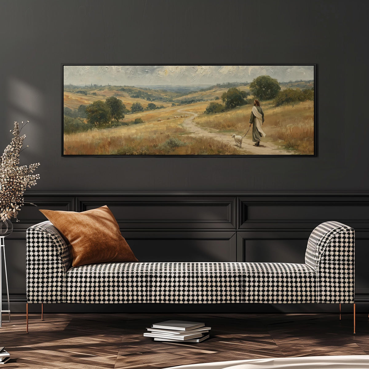 Jesus walking with a sheep on a golden hillside wide panoramic canvas print above a bench in a dark living room