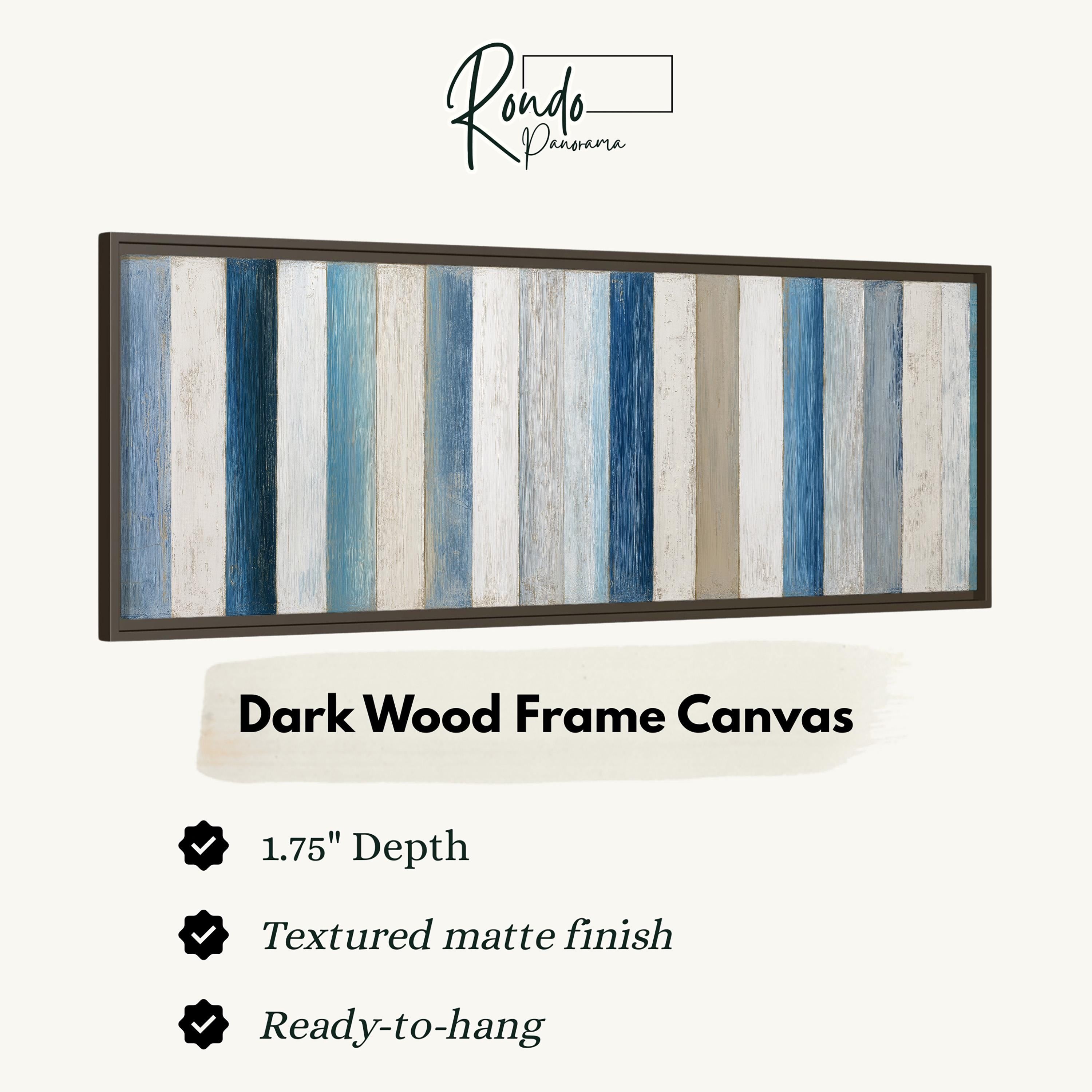 a dark wood frame canvas with a textured matte finish, measuring 1.75" in depth. The canvas is ready-to-hang and has a textured matte finish.