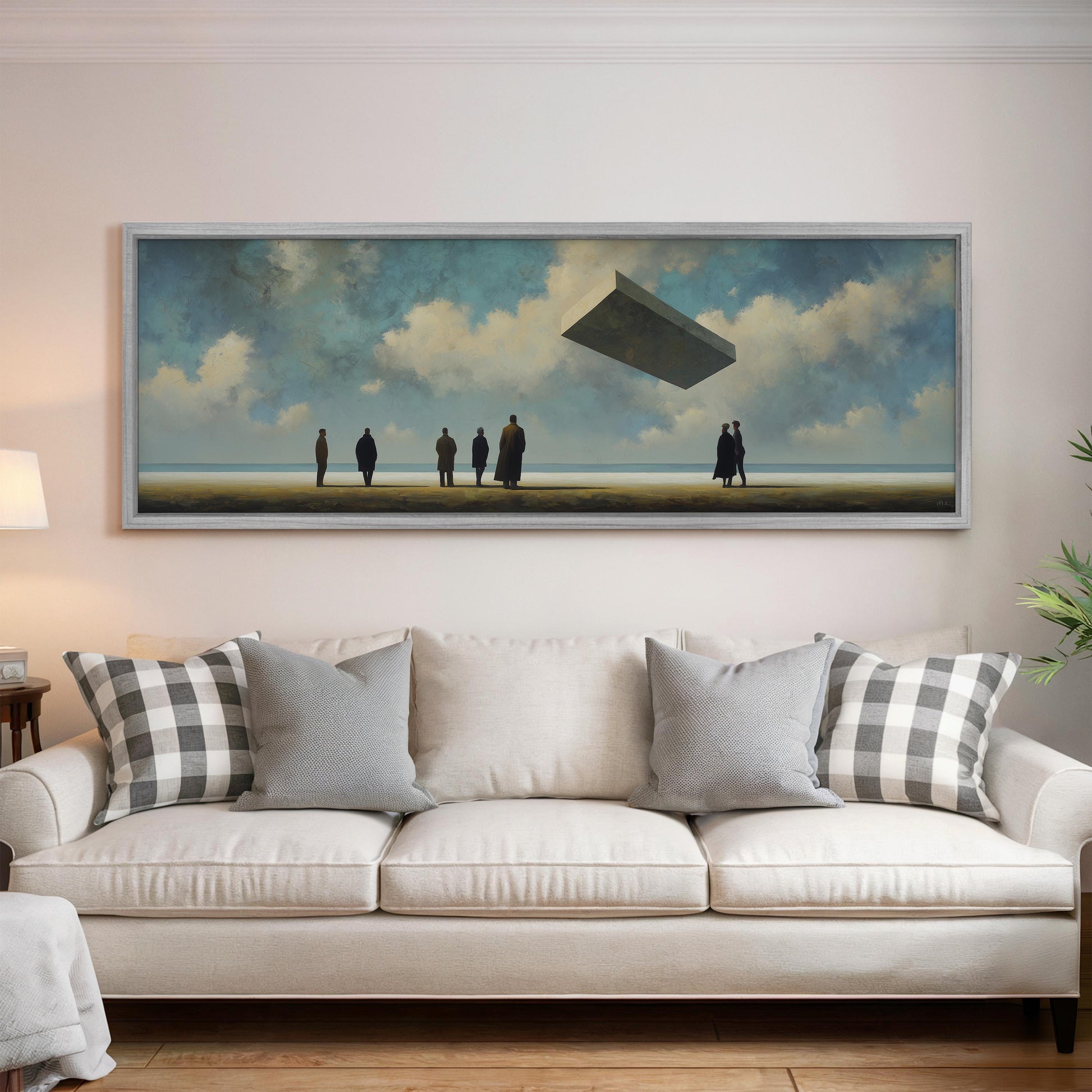 a large painting of a group of people standing on a beach, with a floating object in the sky above them.