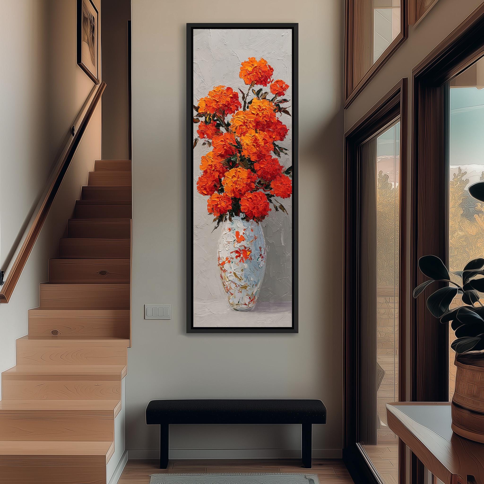 a large, vibrant painting of a vase filled with orange flowers hanging on the wall of a hallway.
