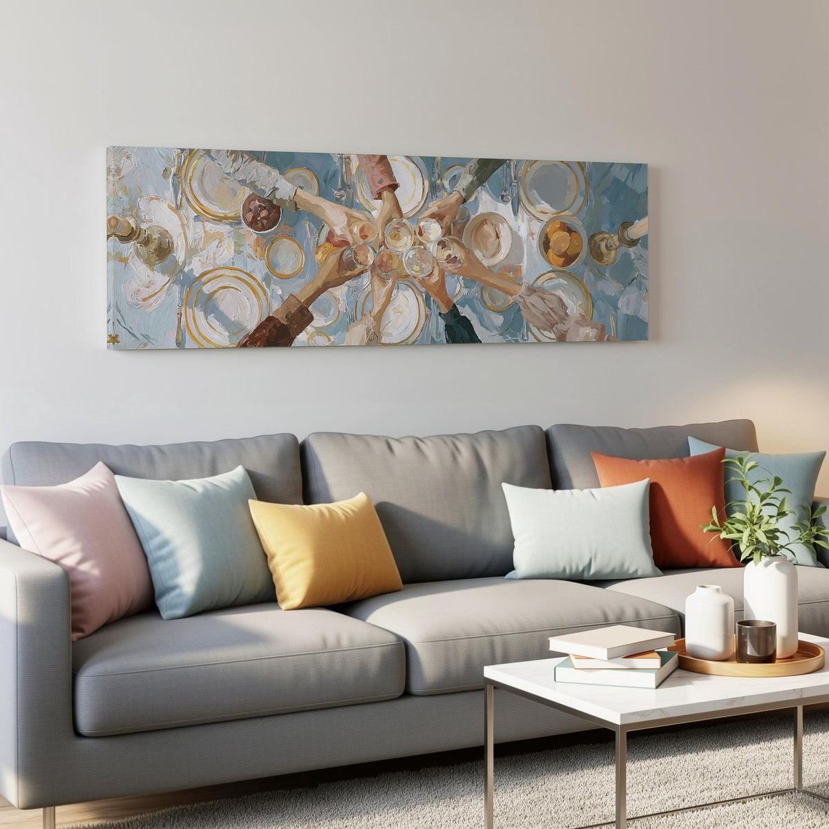 Elegant wine toast over a linen table panoramic canvas print above a grey sofa in a living room
