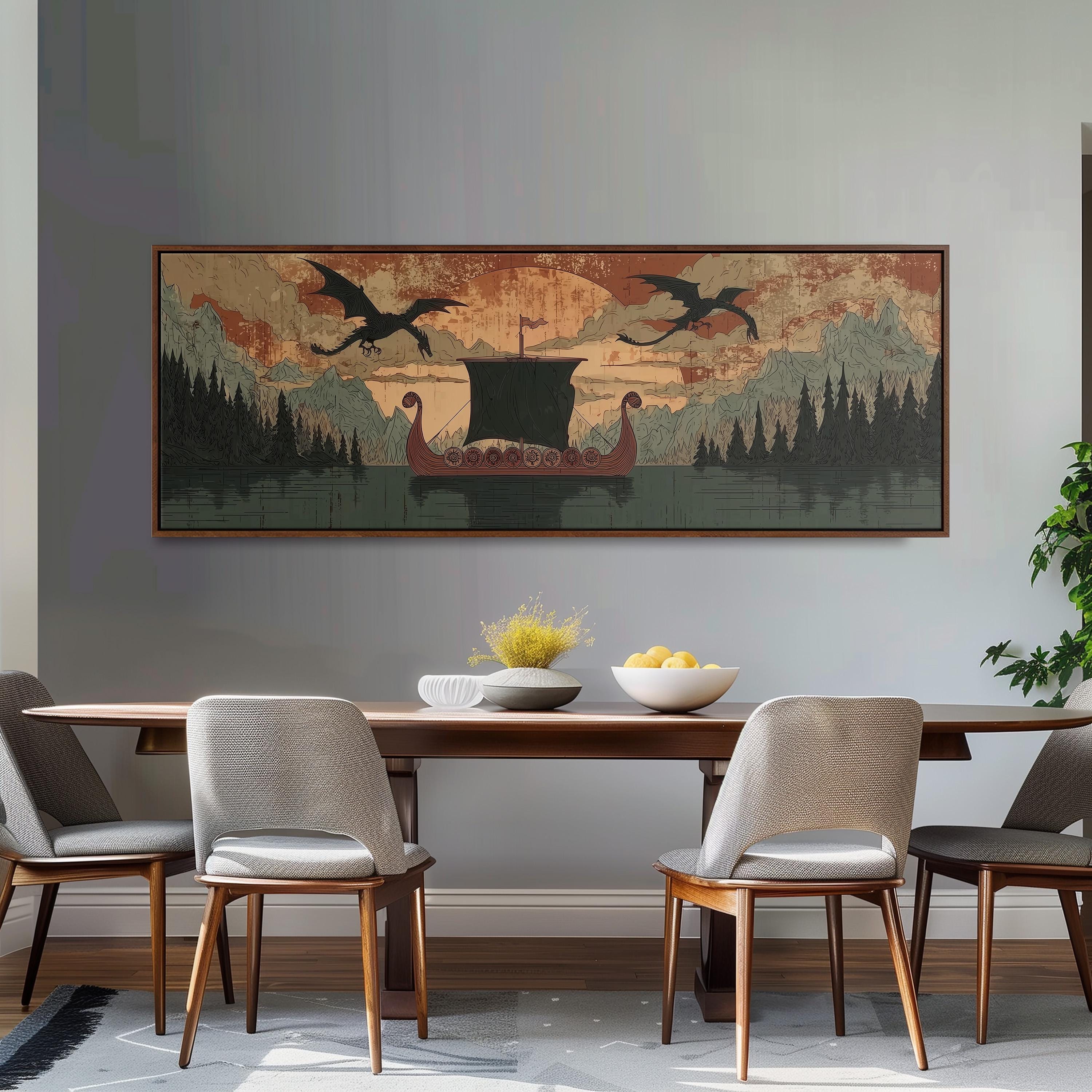 a dining room with a large painting of a ship sailing on a lake, surrounded by mountains and trees, hanging on the wall above a wooden dining table with four chairs.