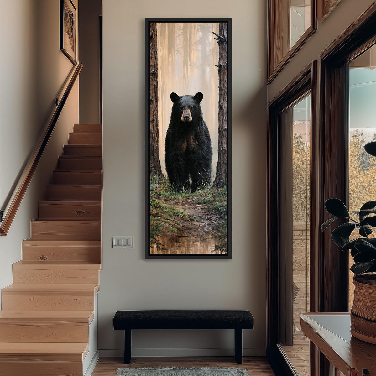 Black bear standing in a foggy forest tall narrow canvas print beside a staircase in an entryway