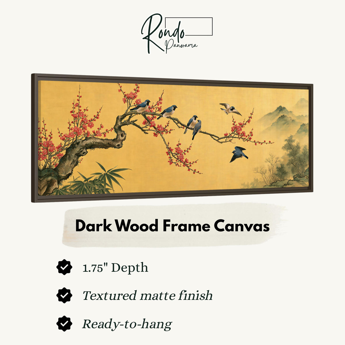 Birds on a plum blossom branch on gold canvas print in a dark wood floating frame