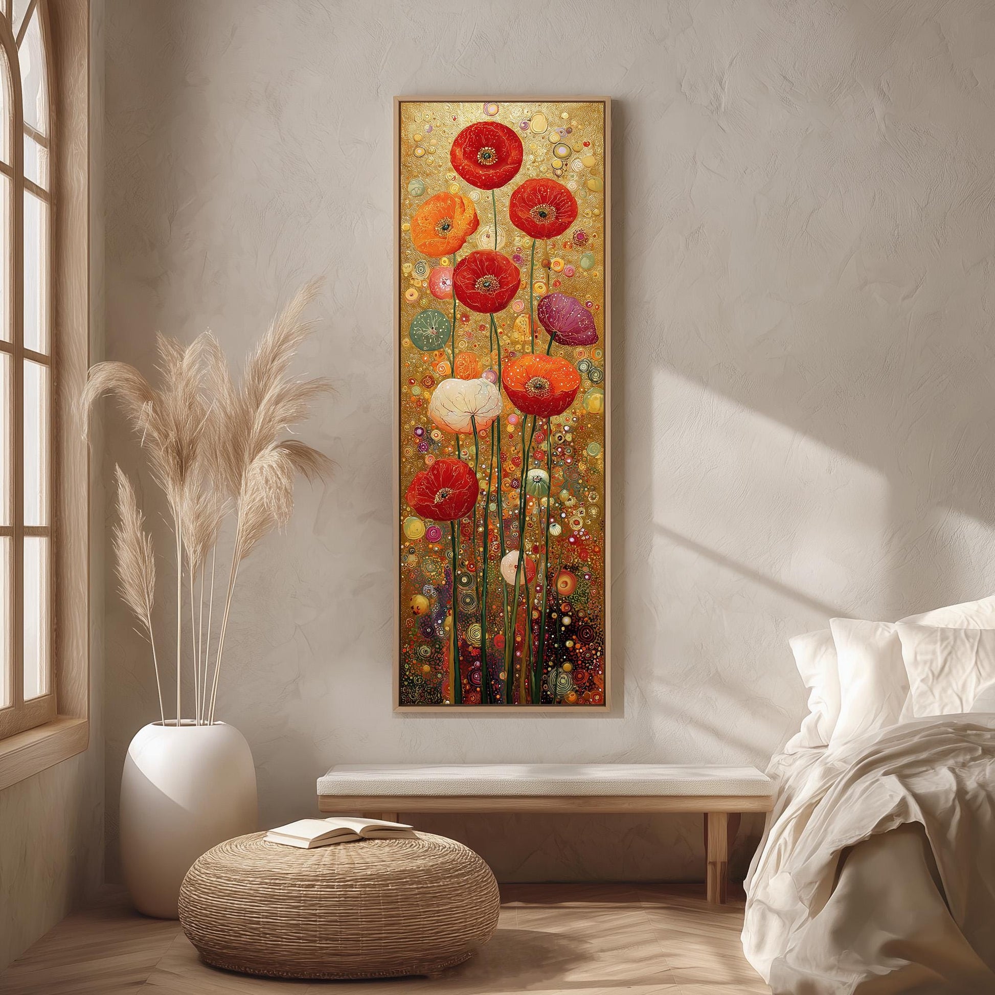 a large, colorful painting of flowers hanging on a wall in a room with a bed, a window, and a woven ottoman.