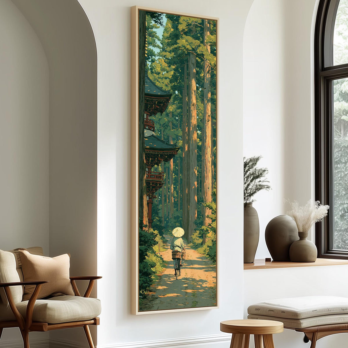 Walker on a cedar forest path by a pagoda tall skinny canvas print in a sunlit living space