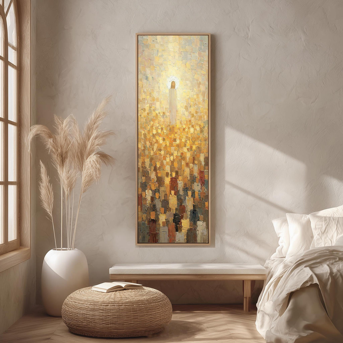 Jesus glowing above a golden crowd long vertical canvas print in a bright reading corner