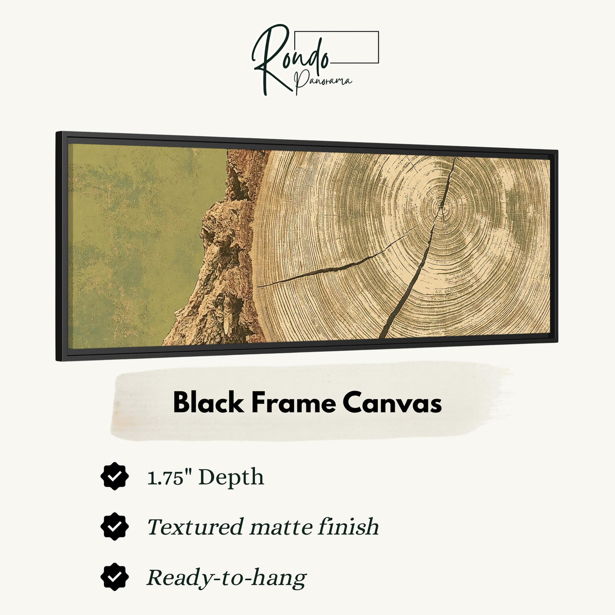 Golden tree ring wood grain canvas print in a black floating frame